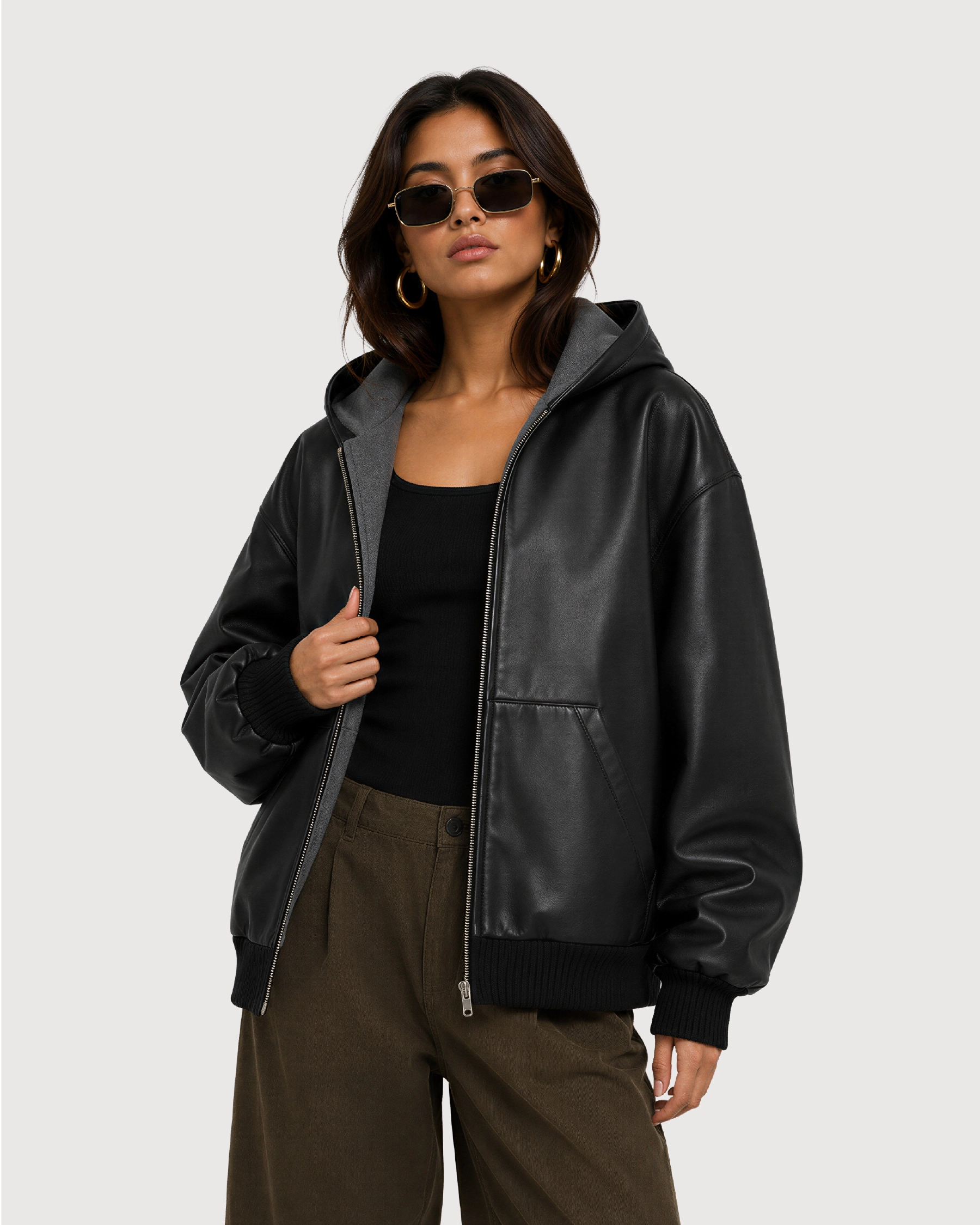 LORIN Black Hooded Leather Bomber Jacket - Open Zipper