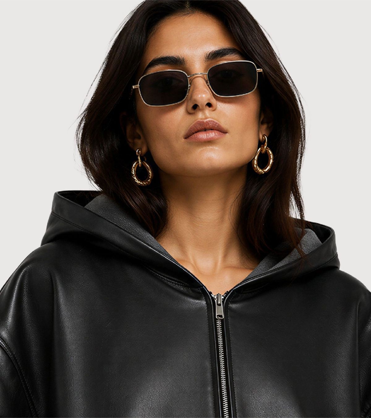 LORIN Black Hooded Leather Bomber Jacket - Zoom