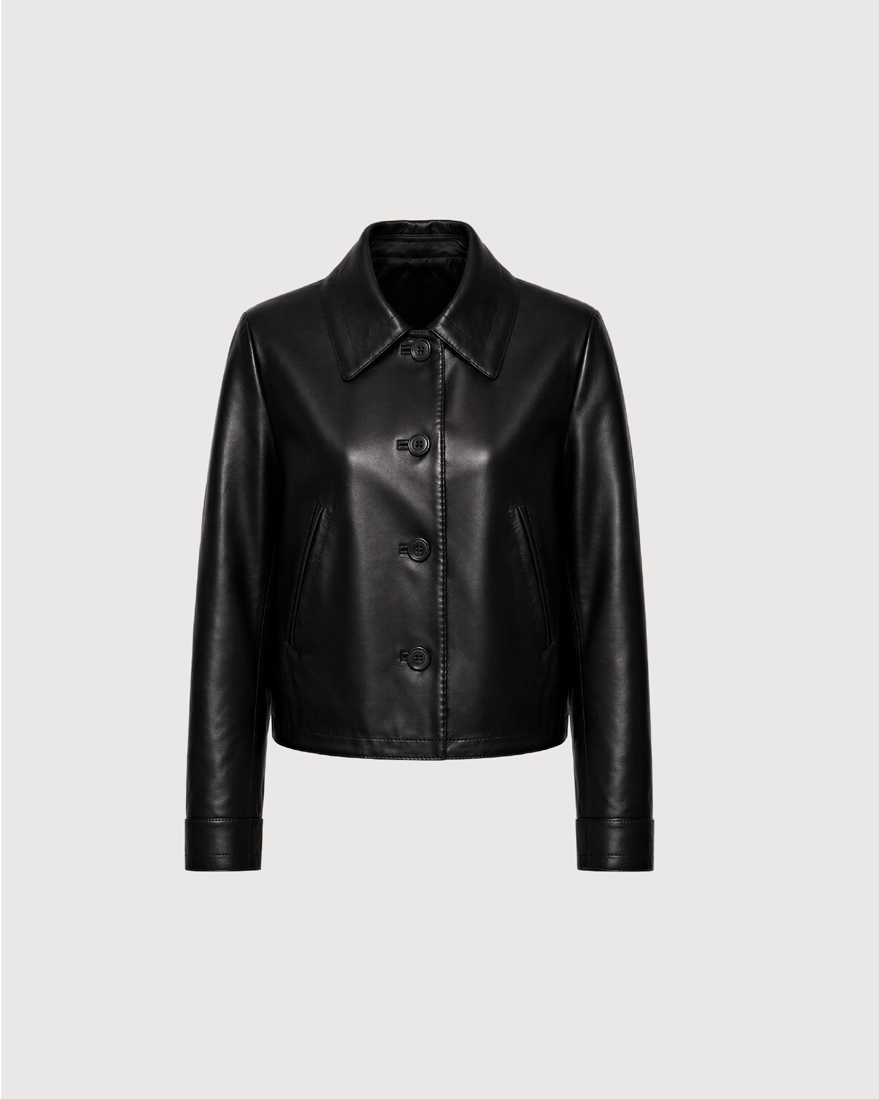 LUCIA Black Buttoned Leather Jacket - Front