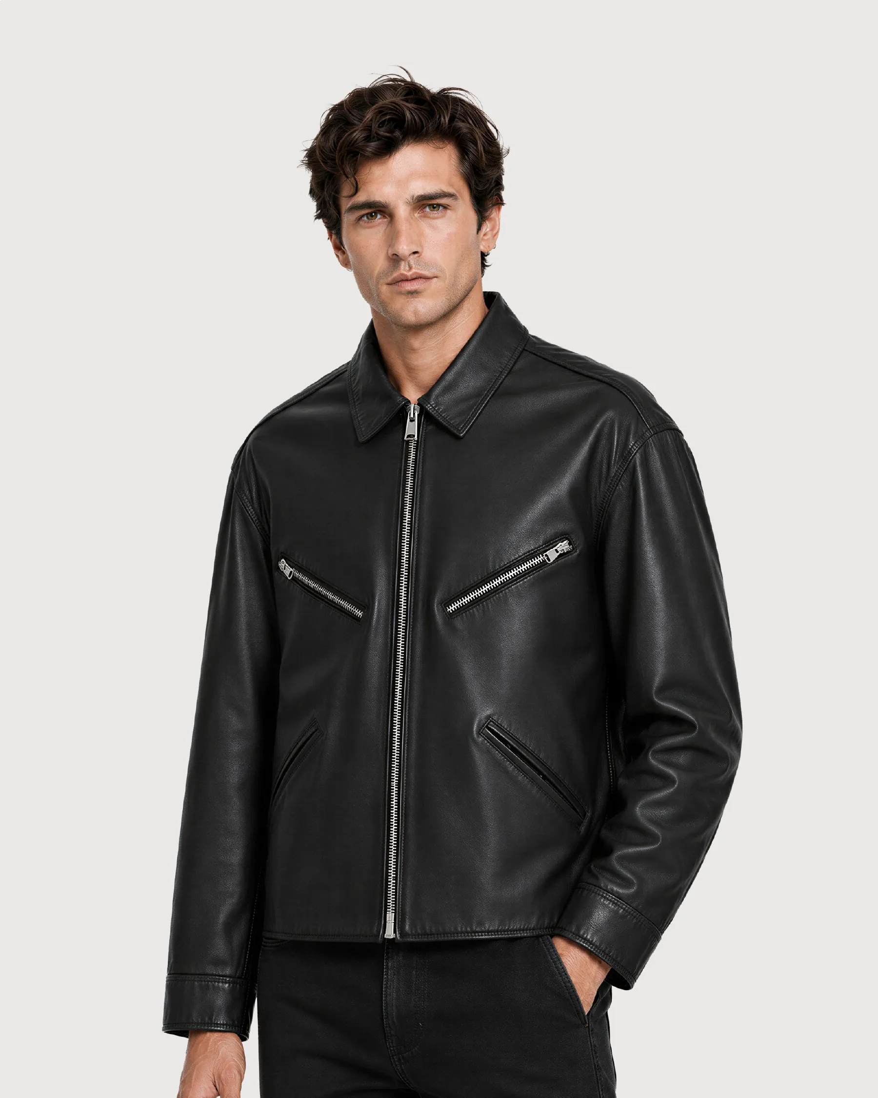 MAKO Black Collared Leather Jacket - Right