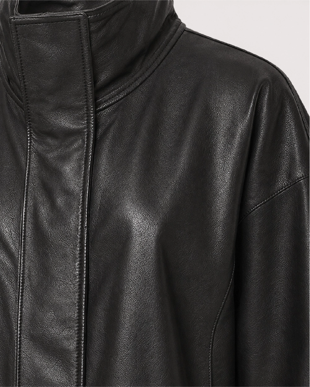MAREN Black High Neck Leather Jacket - Grain