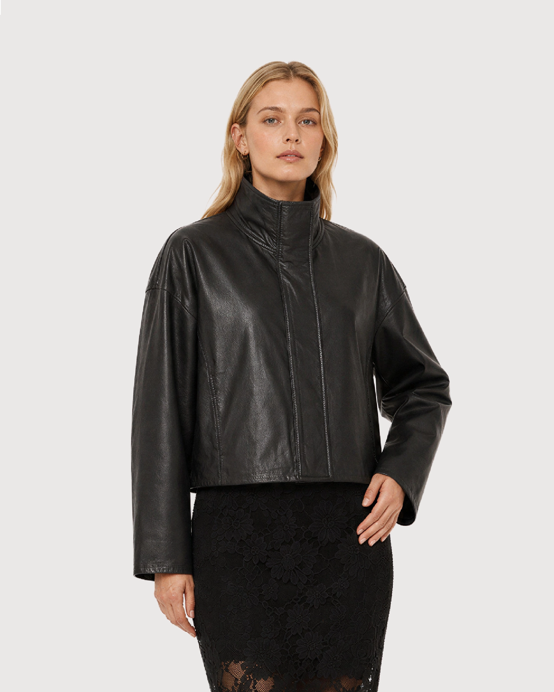 MAREN Black High Neck Leather Jacket - Side