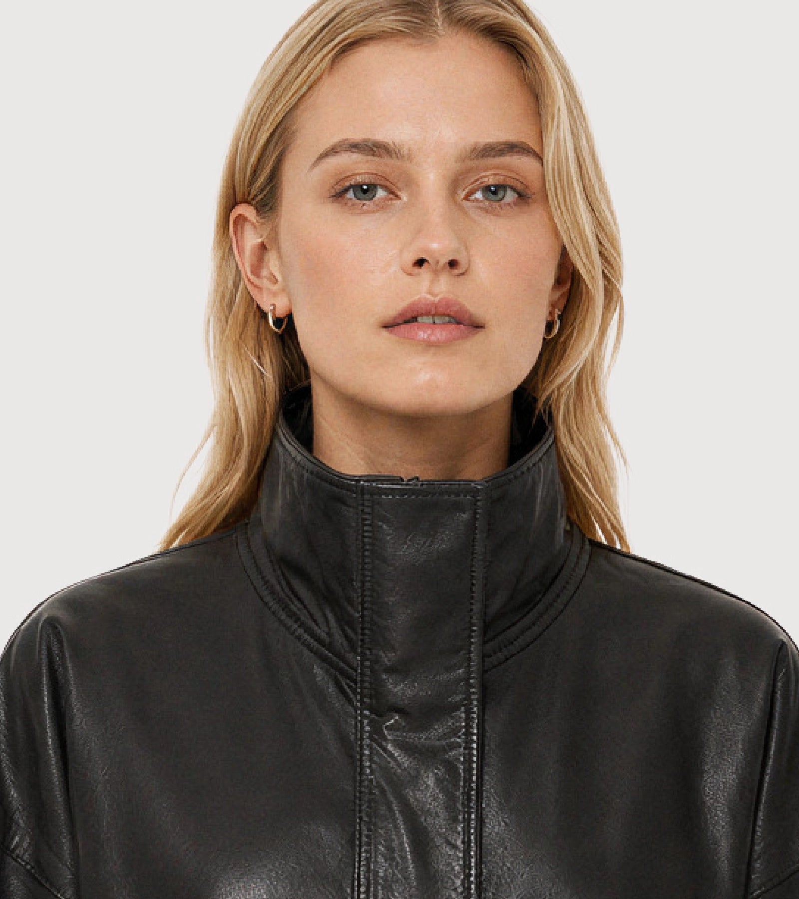 MAREN Black High Neck Leather Jacket - Zoom
