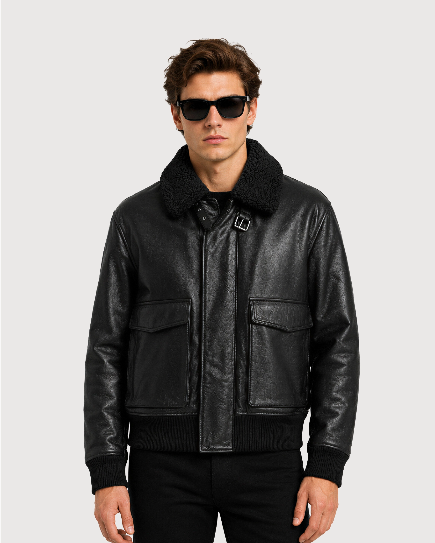 MERCER Black Shearling Collar Leather Flight Jacket