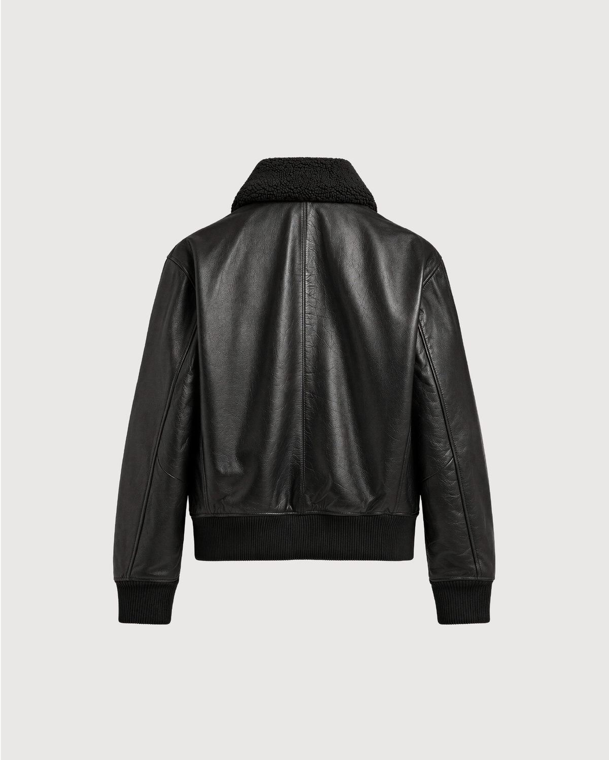 MERCER Black Shearling Collar Leather Flight Jacket - Back Pattern