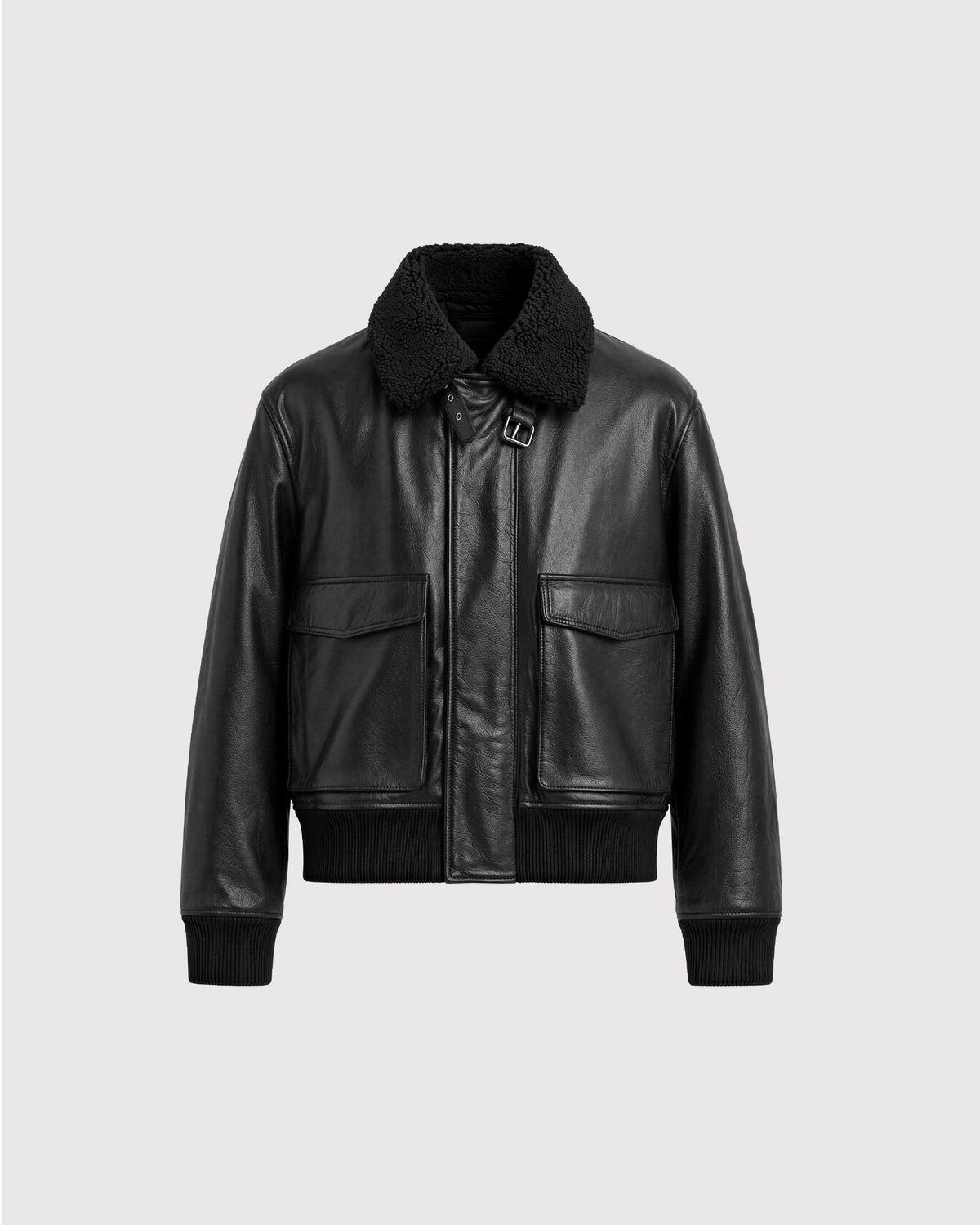 MERCER Black Shearling Collar Leather Flight Jacket - Front