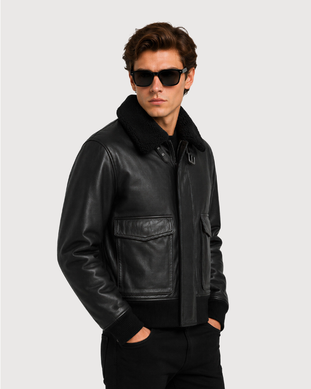 MERCER Black Shearling Collar Leather Flight Jacket - Left