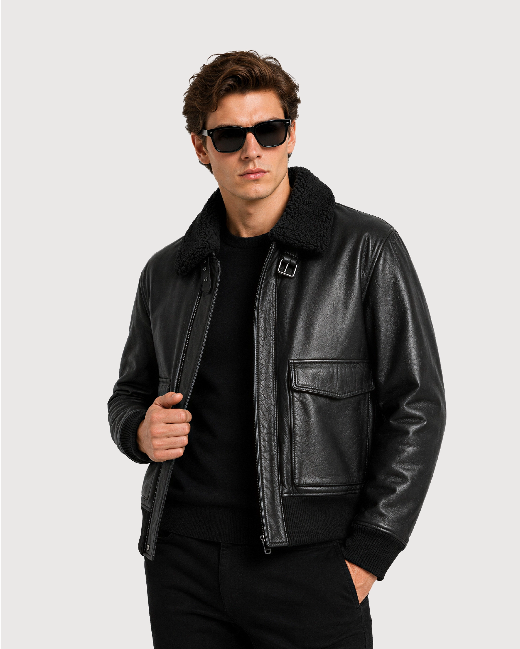 MERCER Black Shearling Collar Leather Flight Jacket - Open Zipper