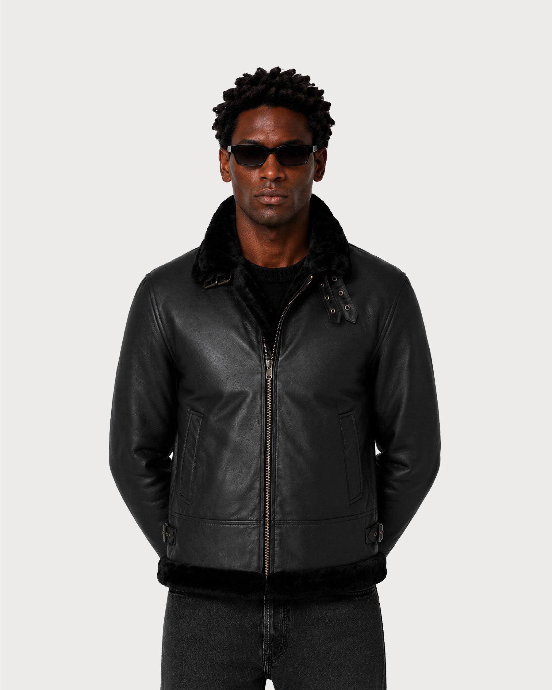 NERO Black B3 Shearling Bomber Leather Jacket - Pose