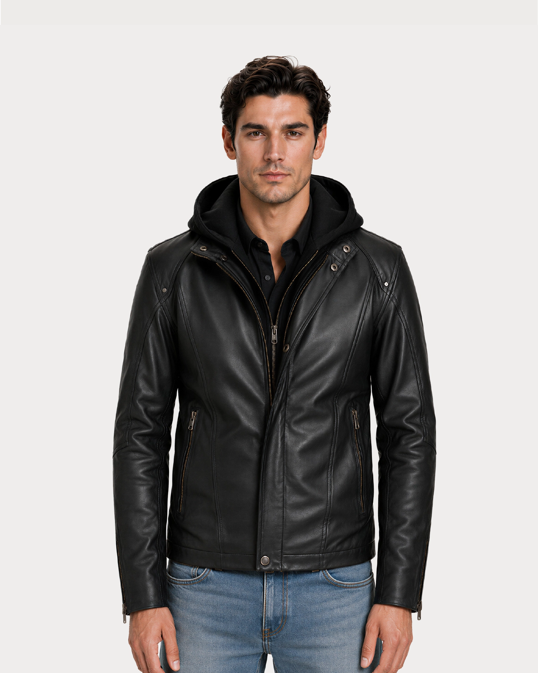 NOX Black Hooded Biker Leather Jacket