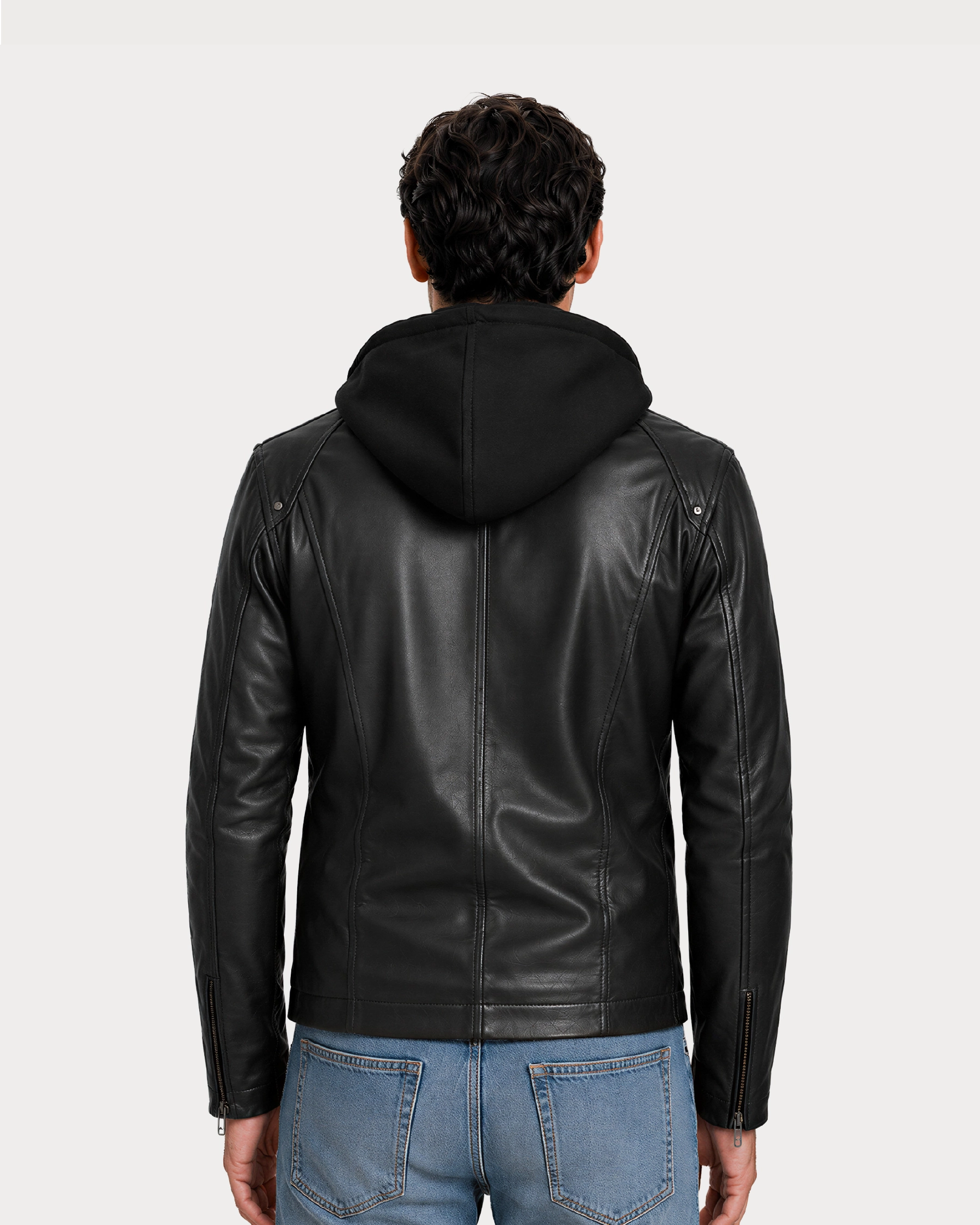 NOX Black Hooded Biker Leather Jacket - Back View