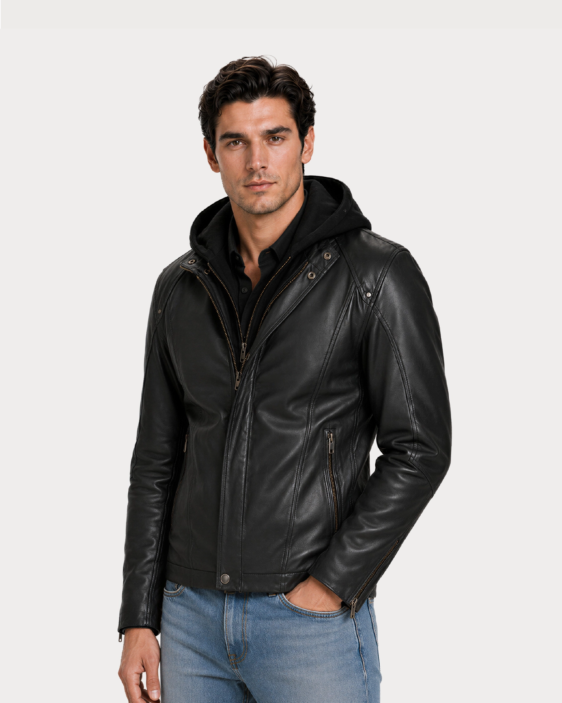 NOX Black Hooded Biker Leather Jacket - Left