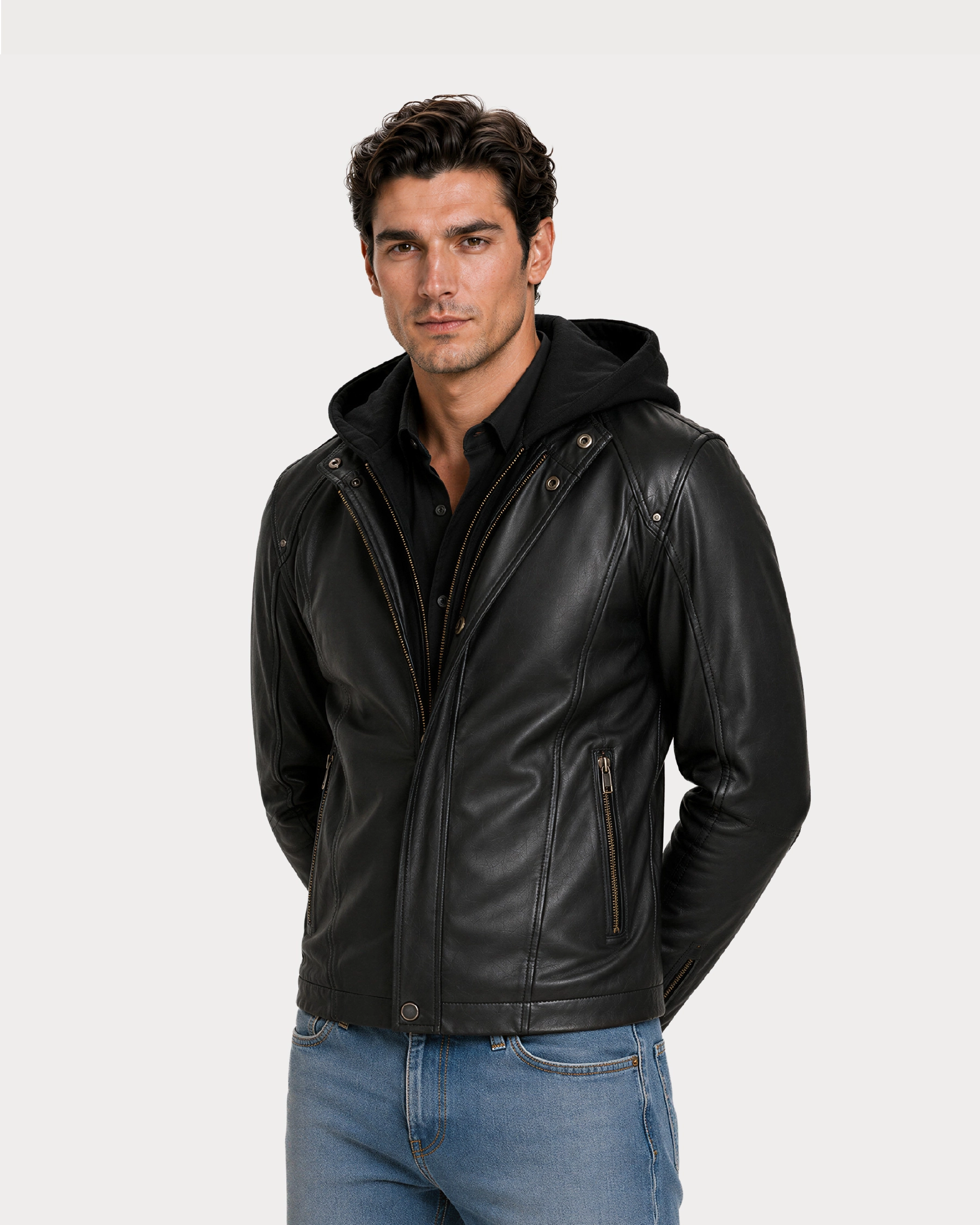 NOX Black Hooded Biker Leather Jacket - Right