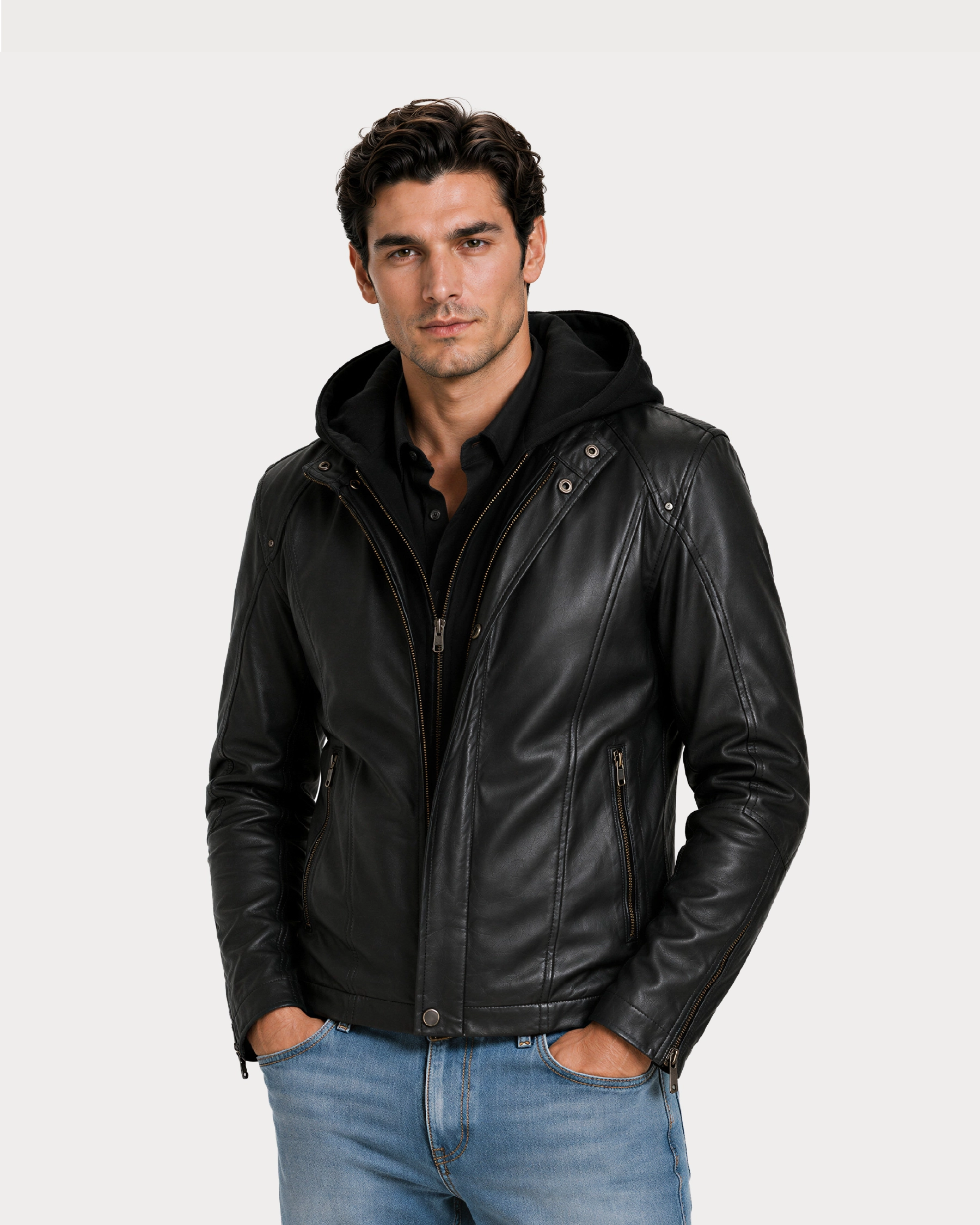 NOX Black Hooded Biker Leather Jacket - Side