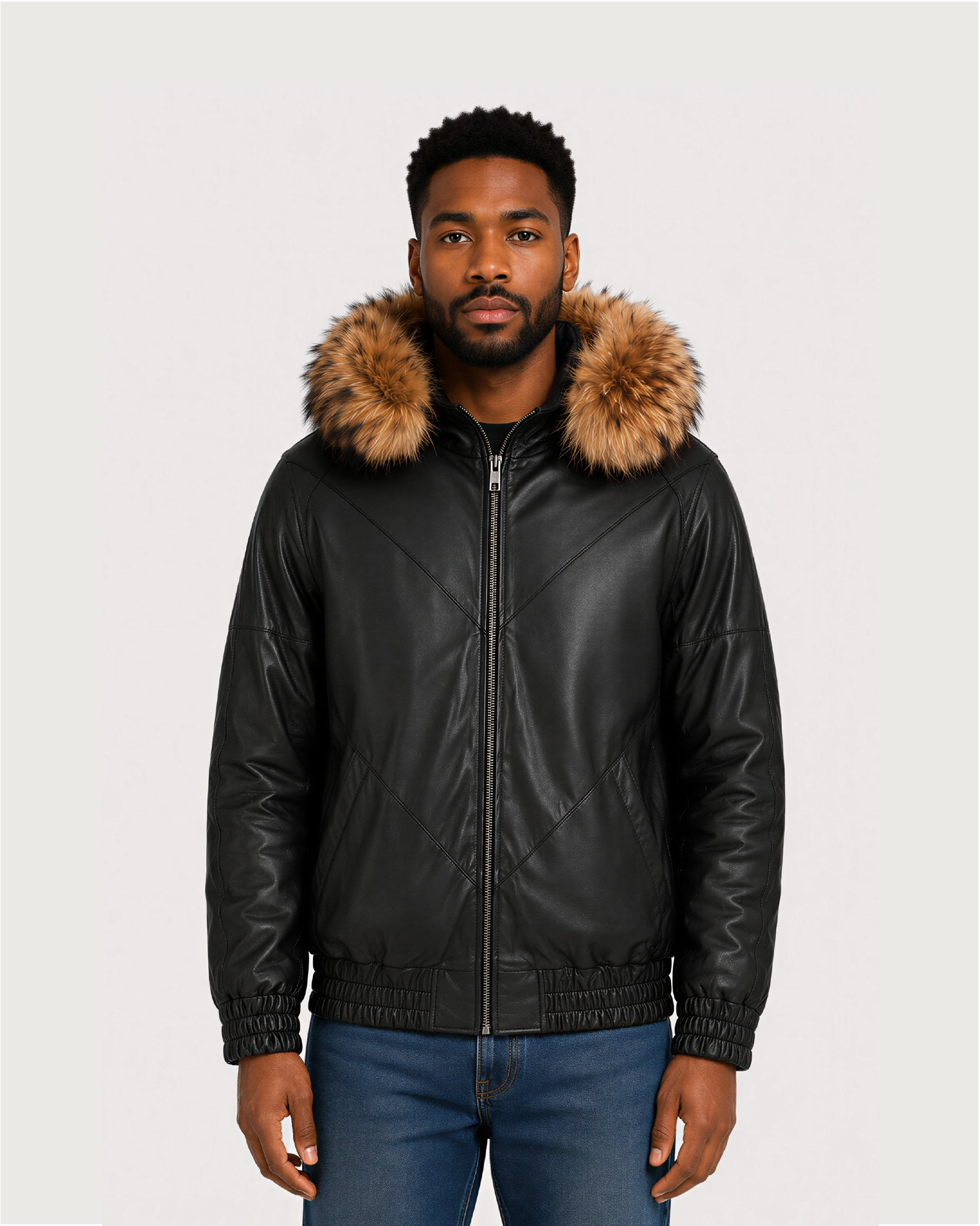 ORION Black Fur Hood Bomber Leather Jacket