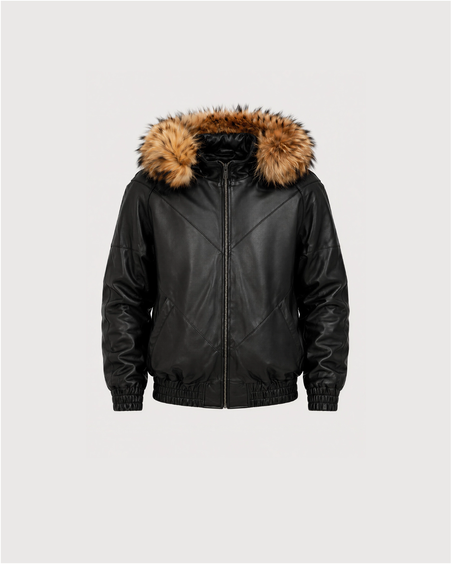 ORION Black Fur Hood Bomber Leather Jacket - Front
