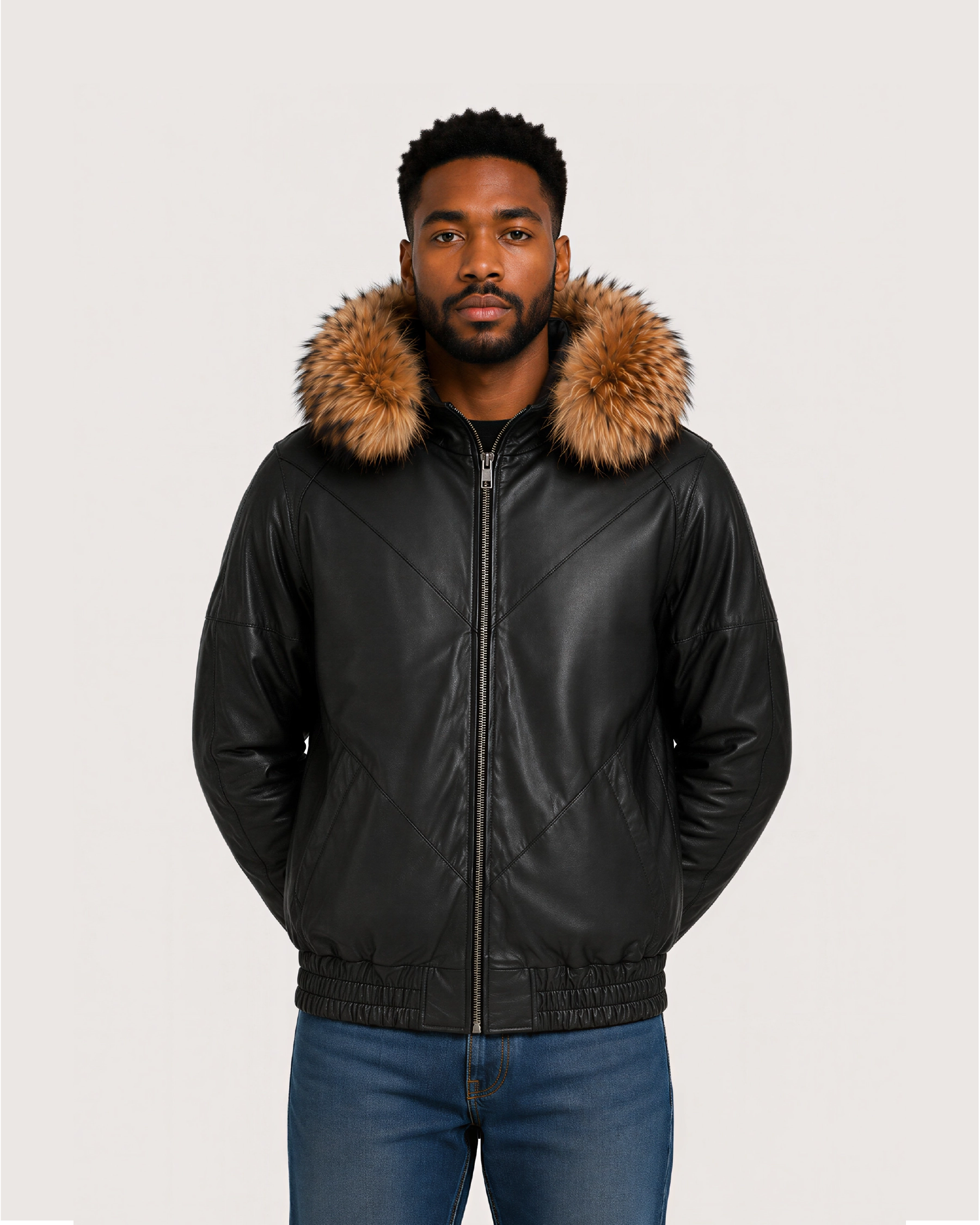 ORION Black Fur Hood Bomber Leather Jacket - Pose