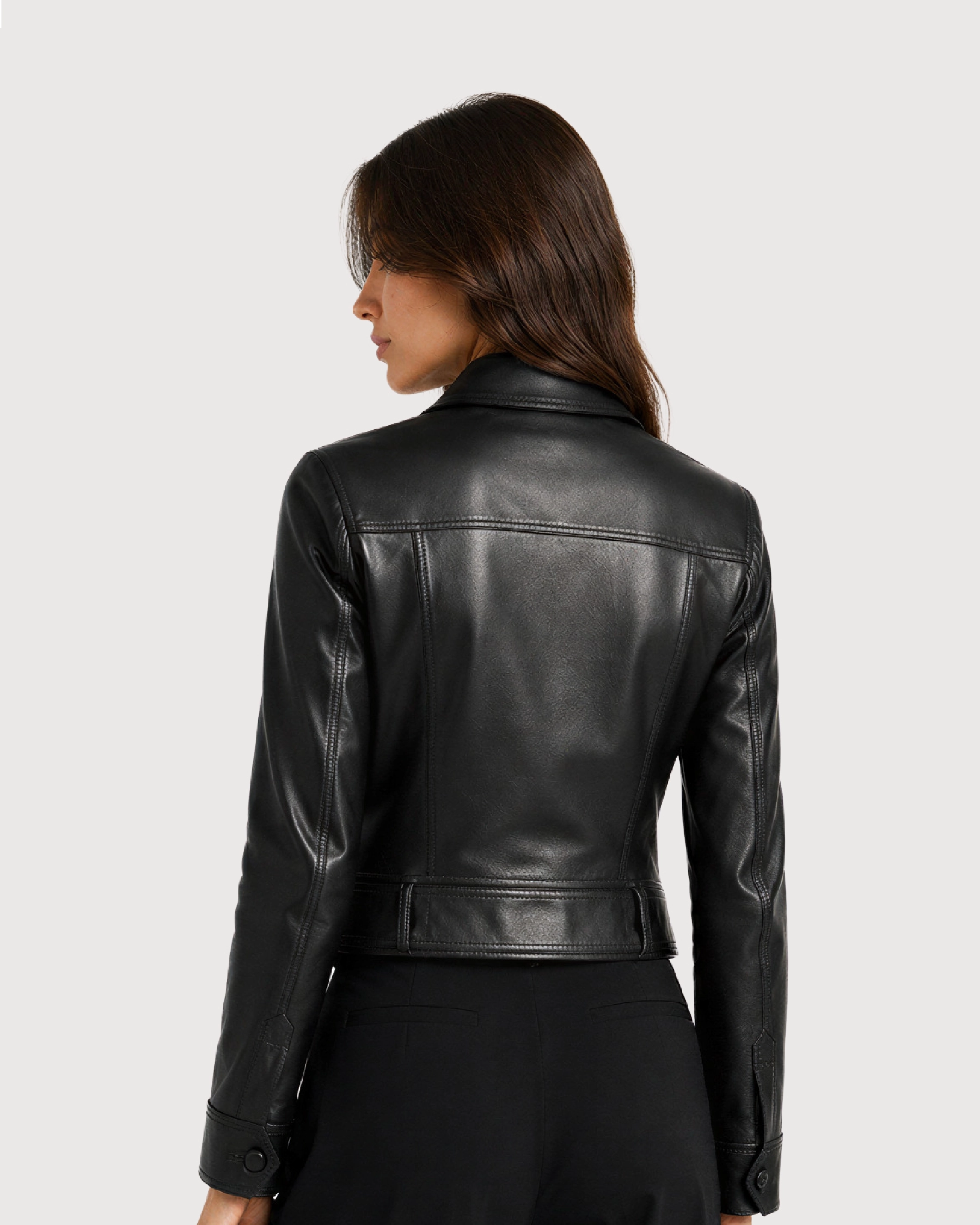 ORLIN Black Belted Cropped Leather Jacket - Back
