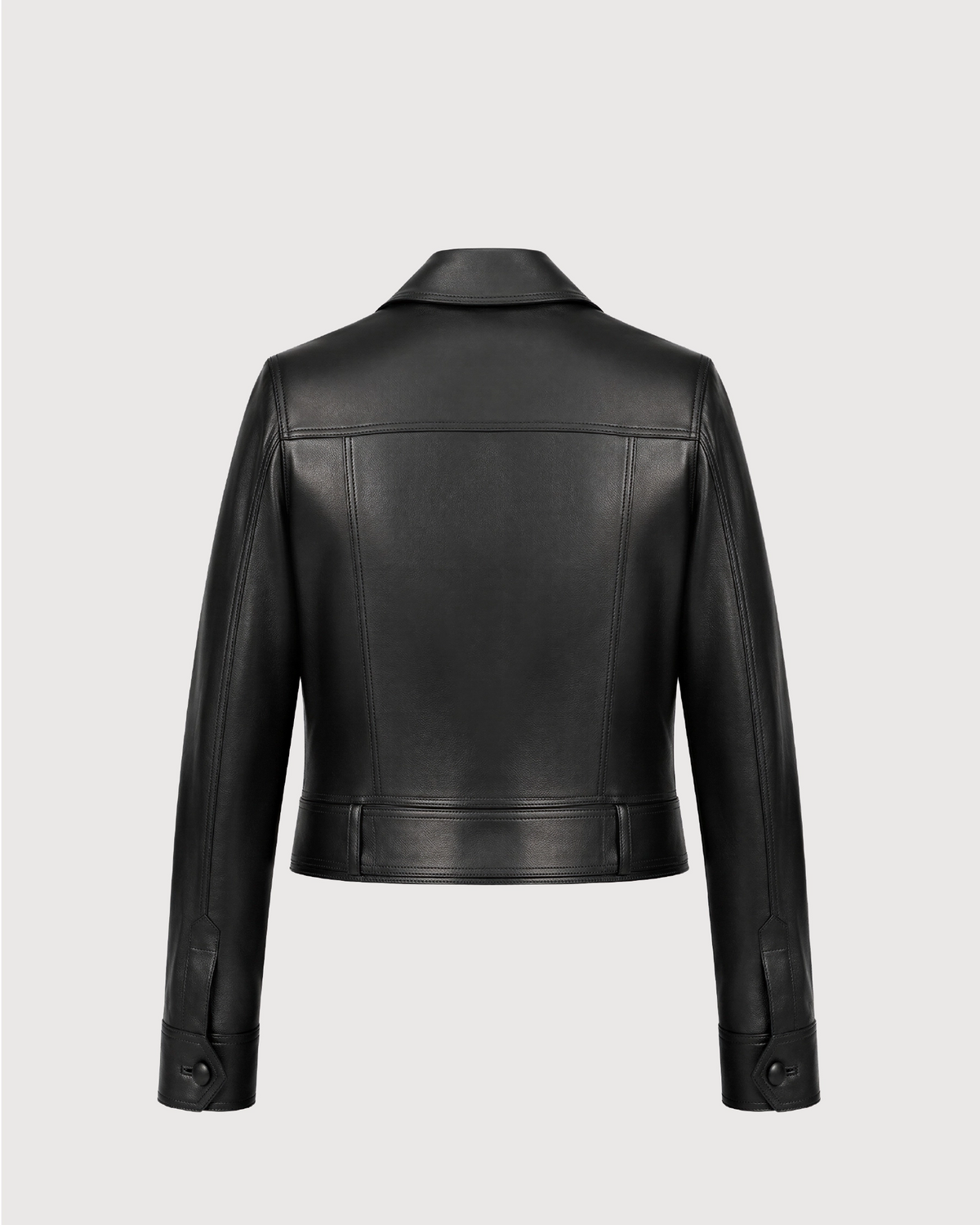 ORLIN Black Belted Cropped Leather Jacket - Back Pattern
