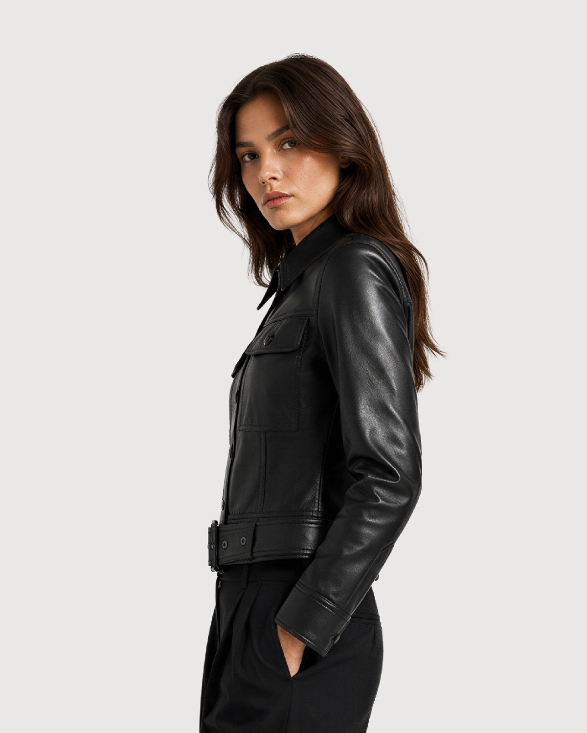 ORLIN Black Belted Cropped Leather Jacket - Right