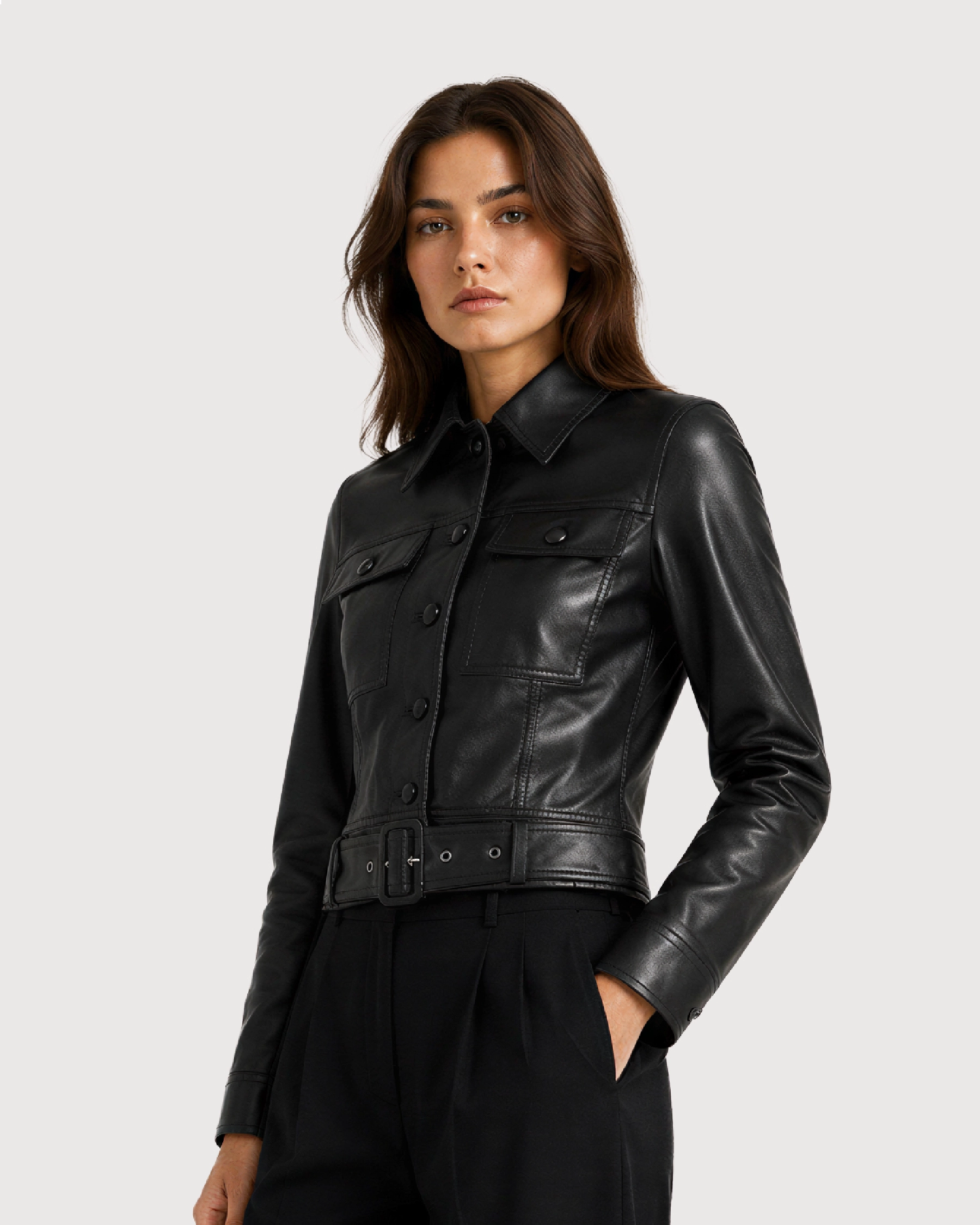ORLIN Black Belted Cropped Leather Jacket - Side