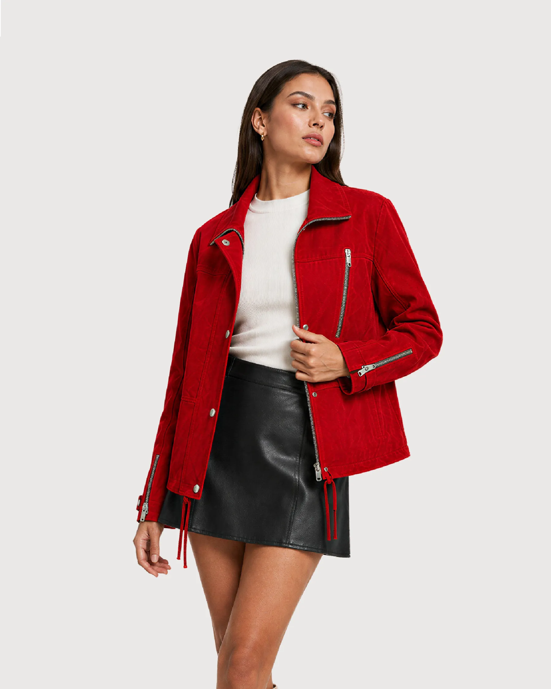 RHEA Crimson Suede Moto Leather Jacket - Open Zipper