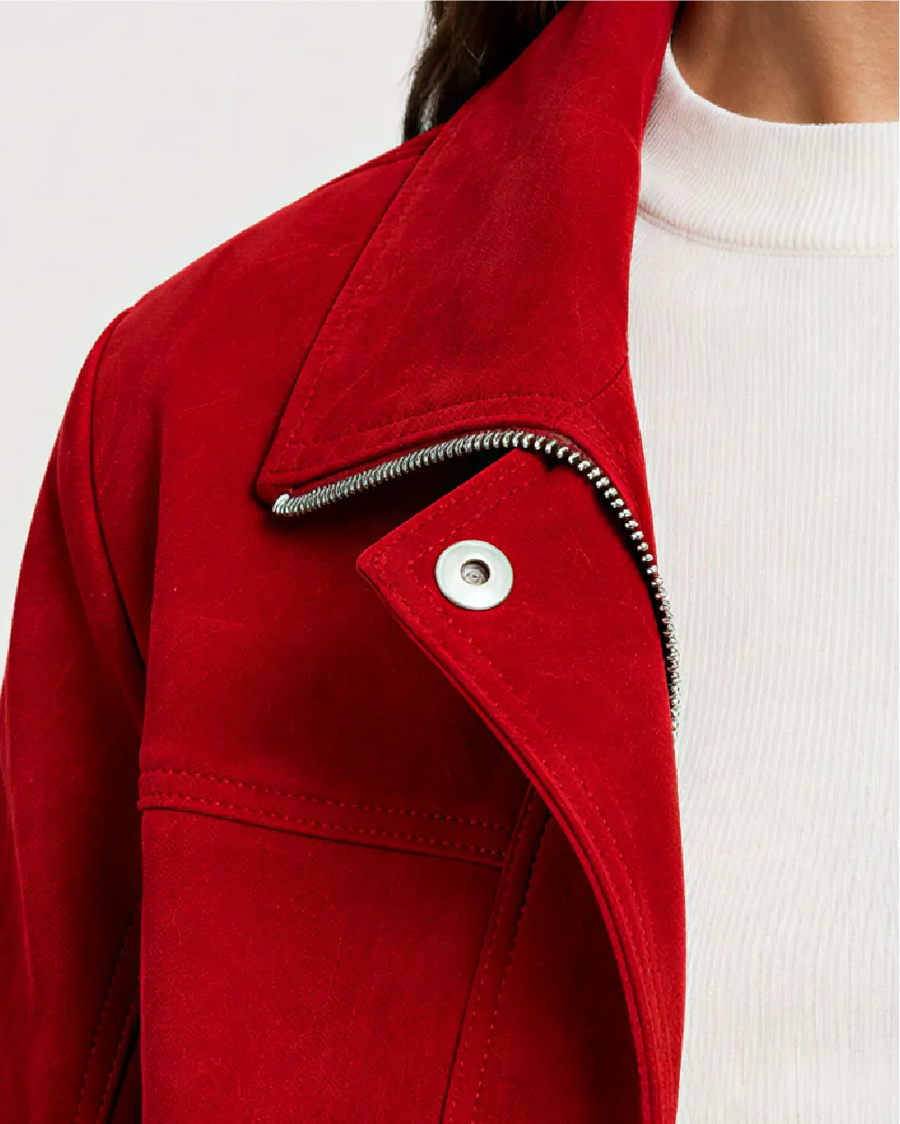 RHEA Crimson Suede Moto Leather Jacket - V Neck Collar