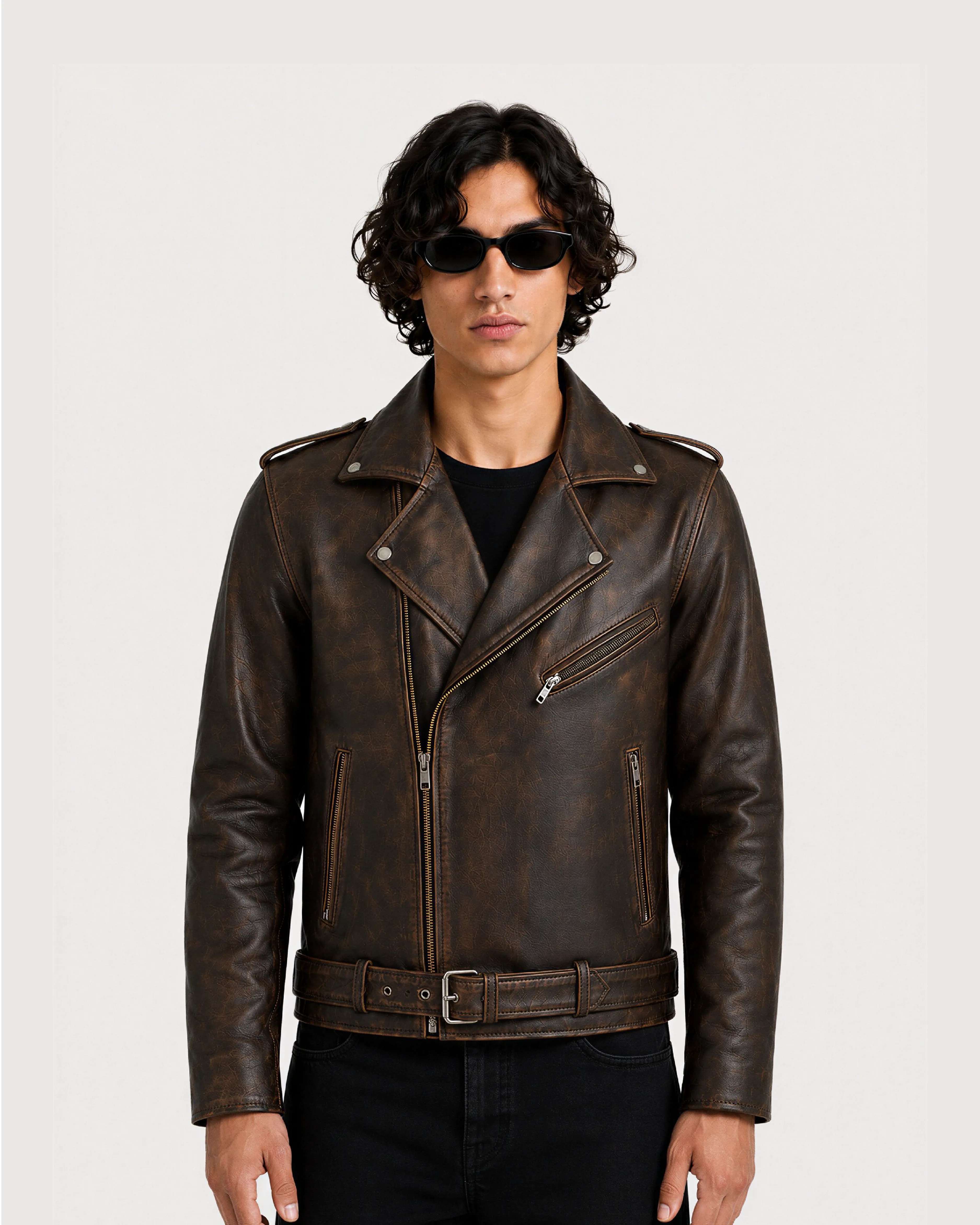 ROAN Distressed Brown Belted Biker Leather Jacket