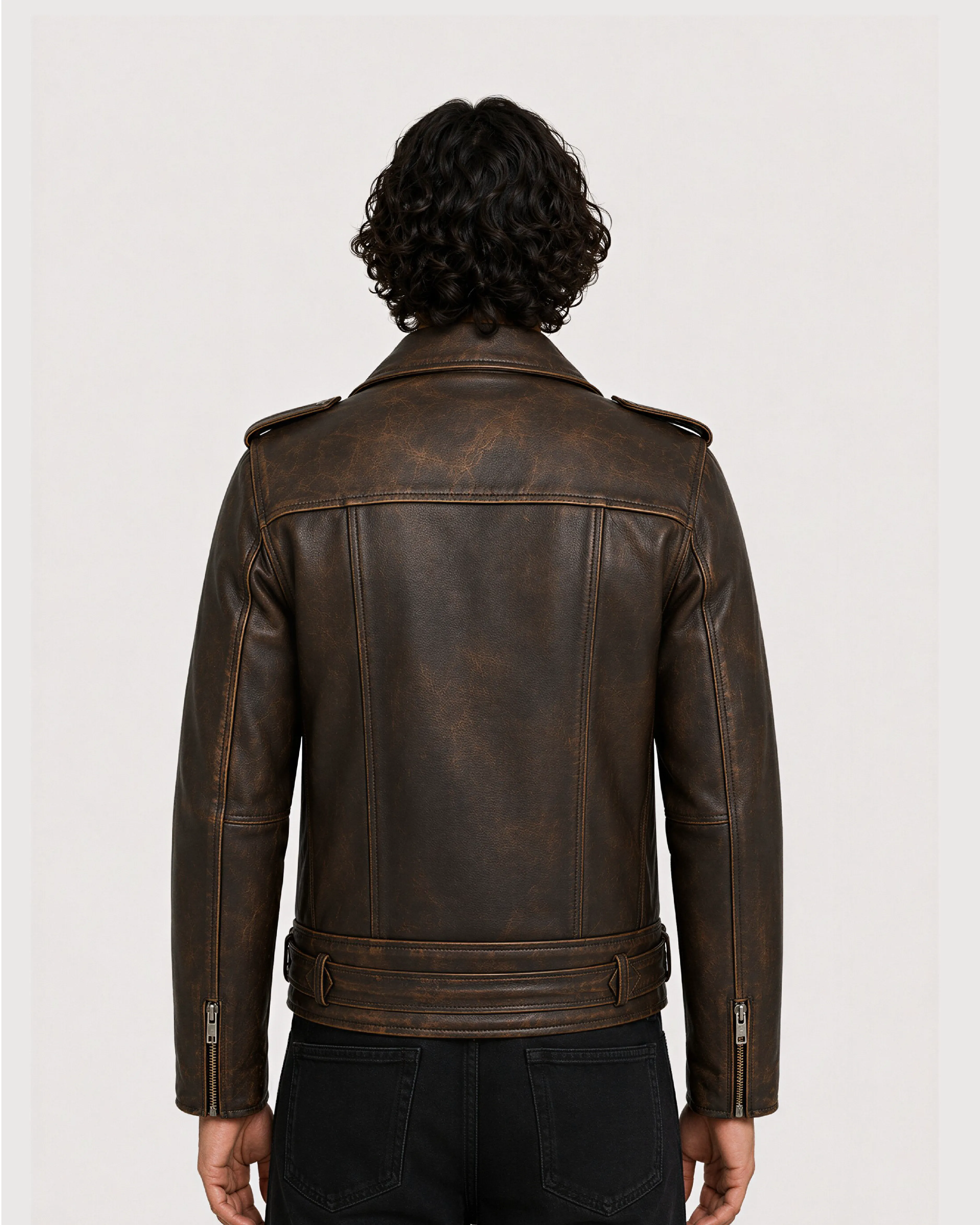 ROAN Distressed Brown Belted Biker Leather Jacket - Back Jacket