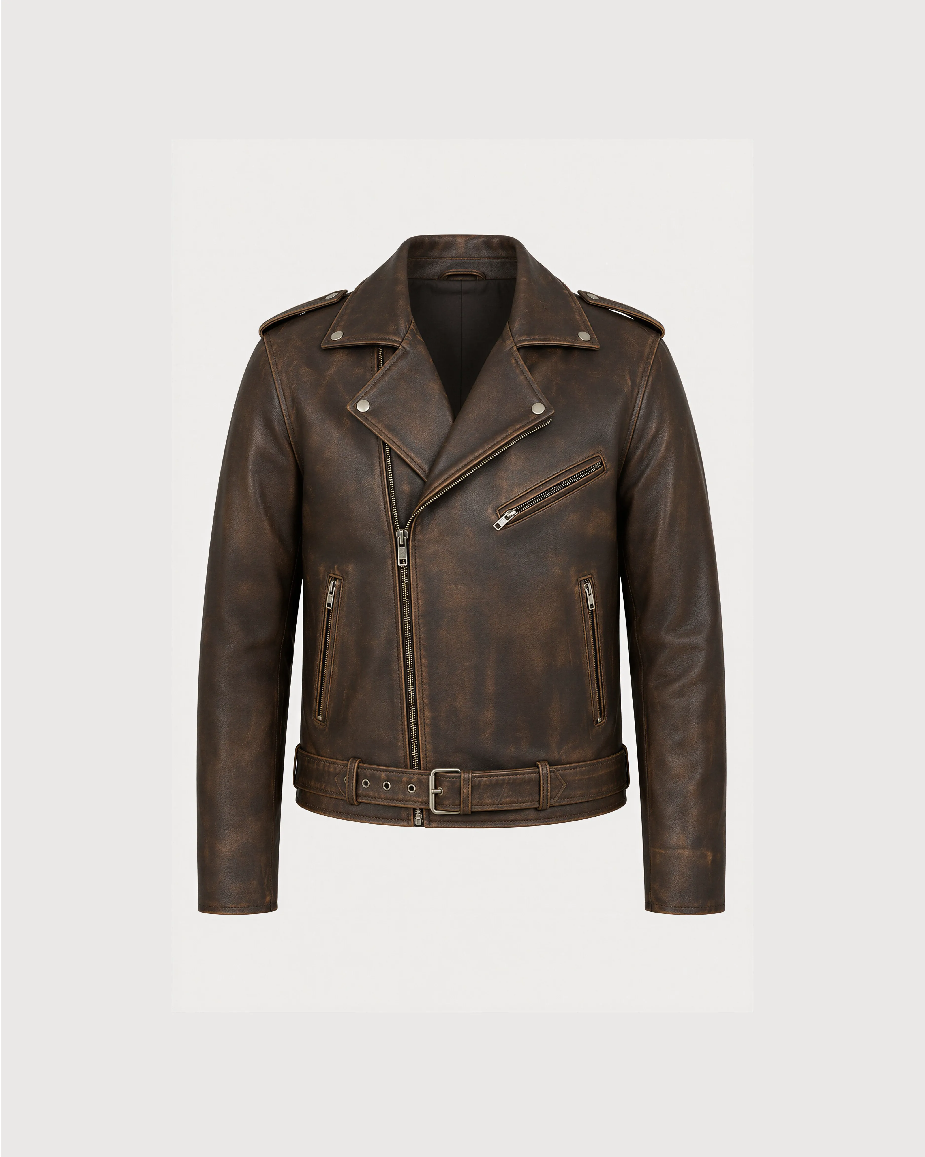 ROAN Distressed Brown Belted Biker Leather Jacket - Front