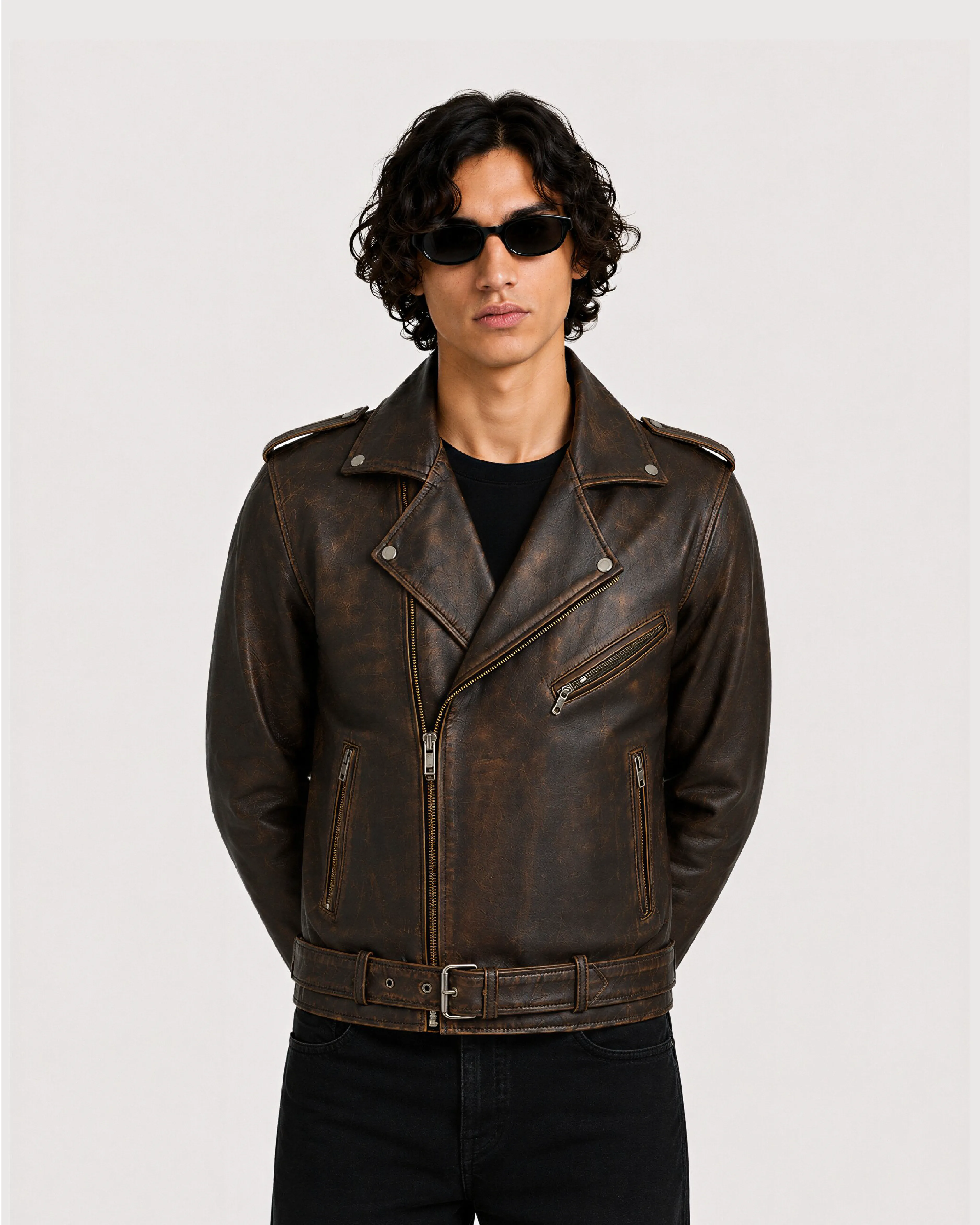 ROAN Distressed Brown Belted Biker Leather Jacket - Pose