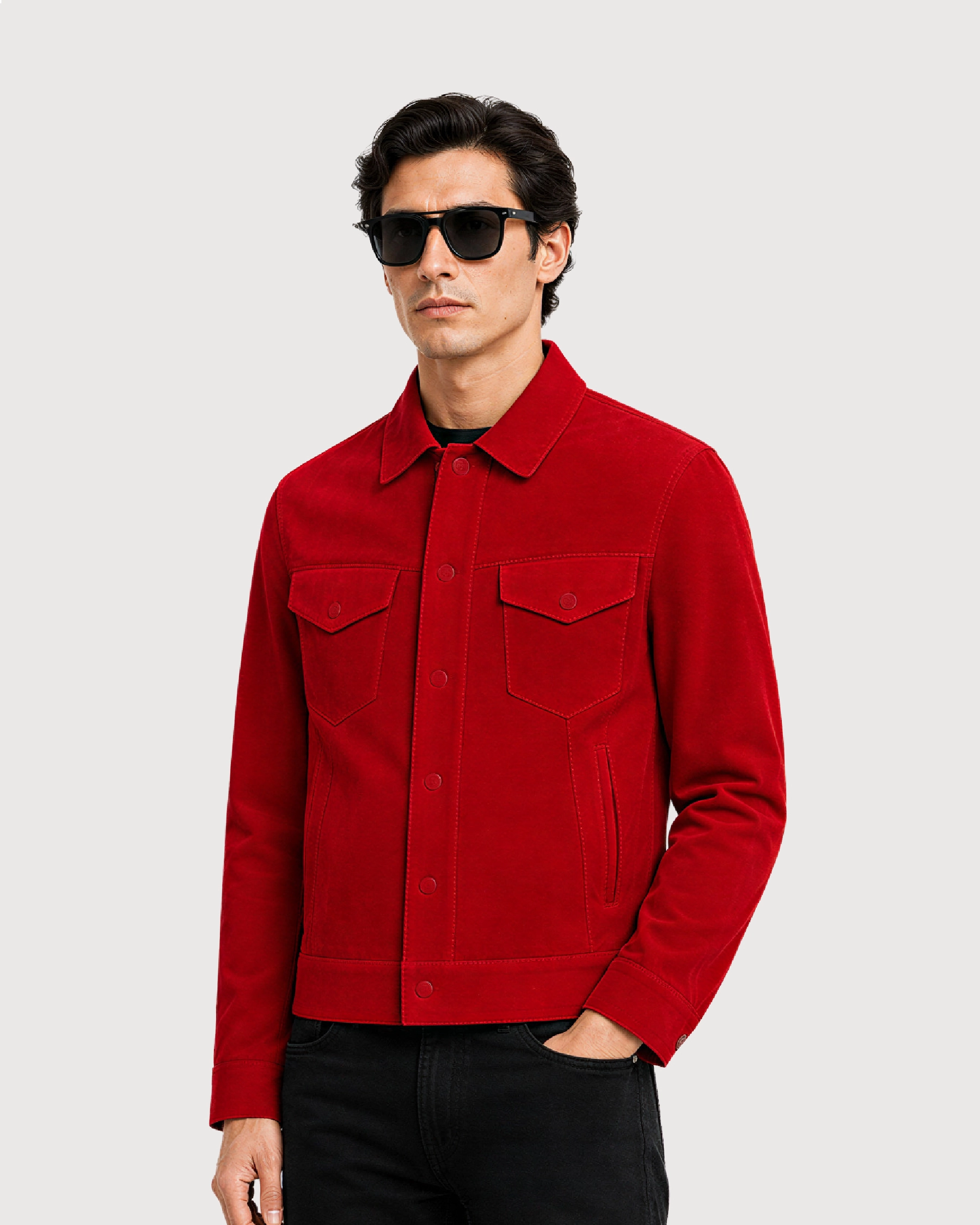 ROAN Red Suede Trucker Leather Jacket - Left
