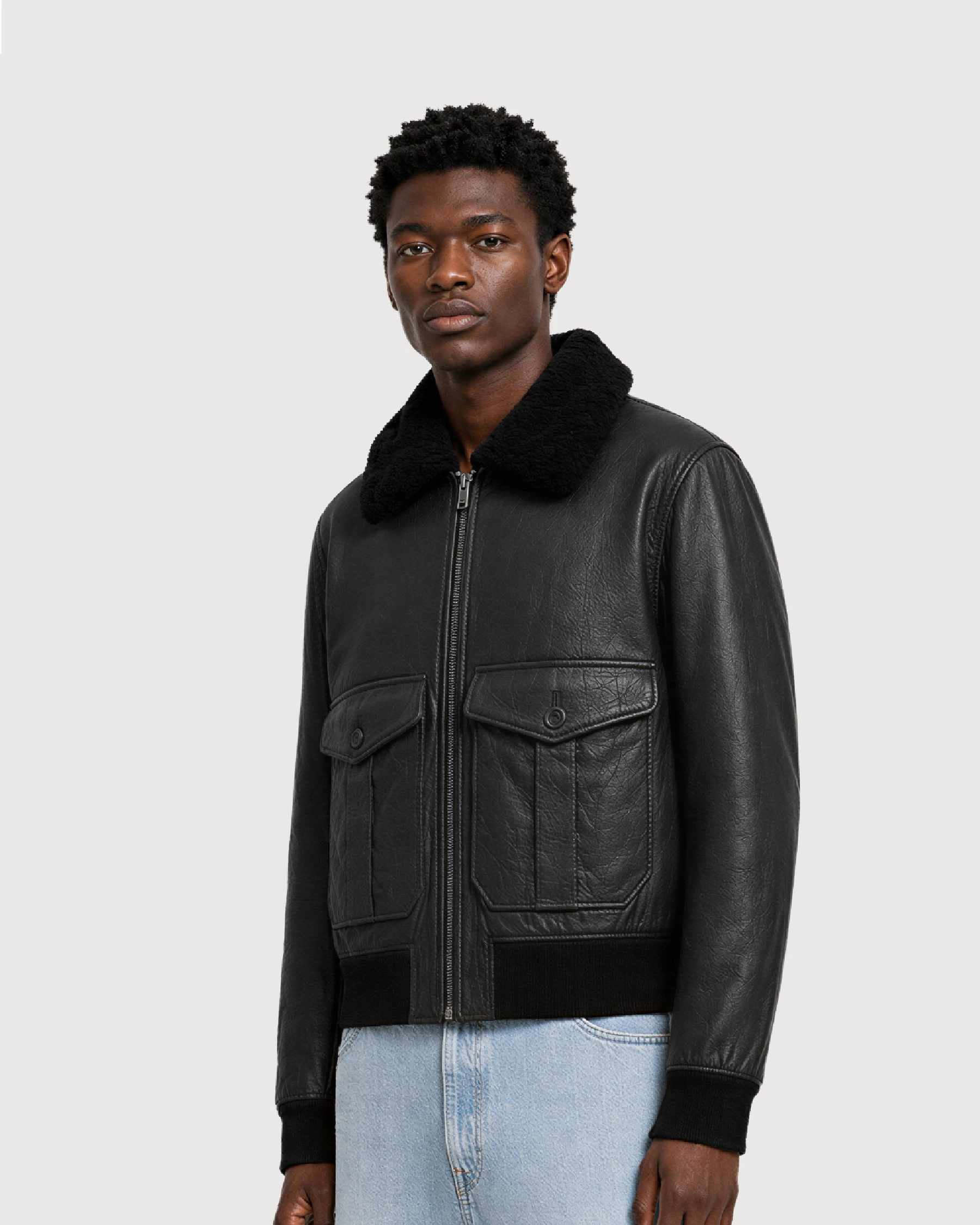 ROOK Black Cowhide Shearling Bomber Leather Jacket - Left