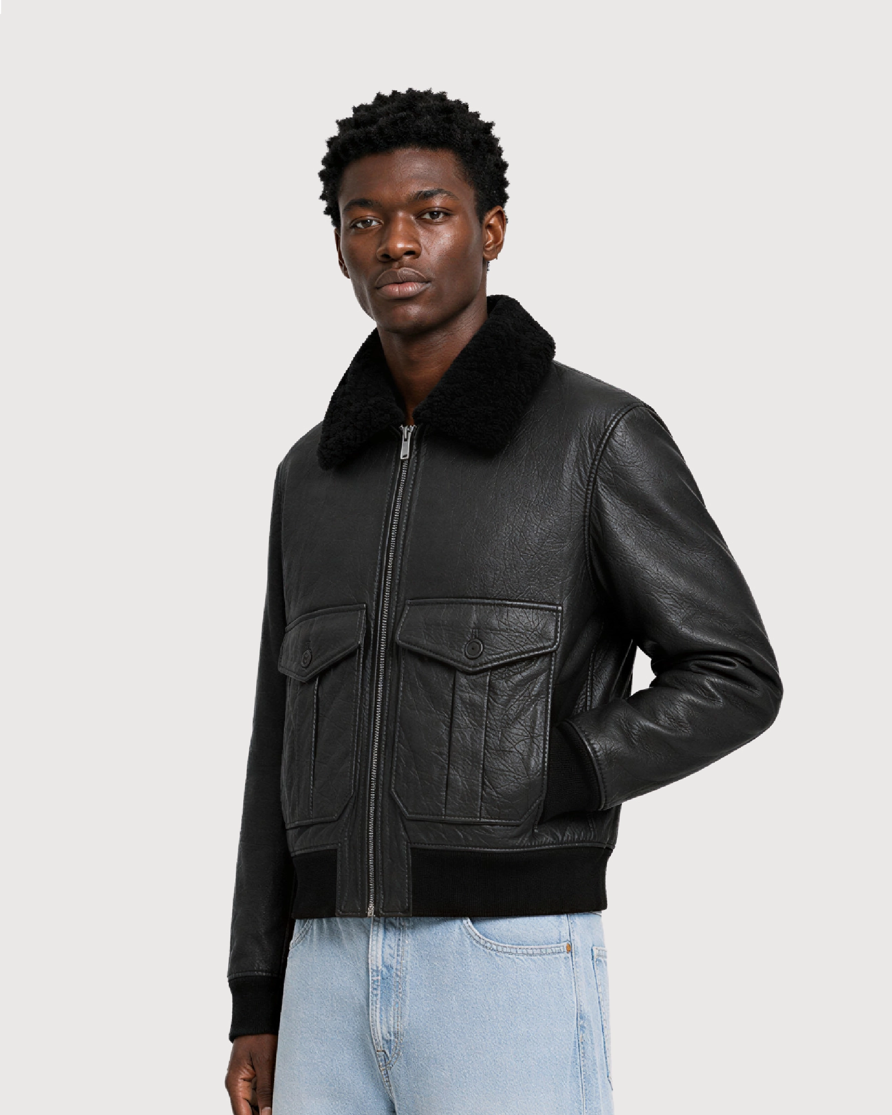 ROOK Black Cowhide Shearling Bomber Leather Jacket - Pocket