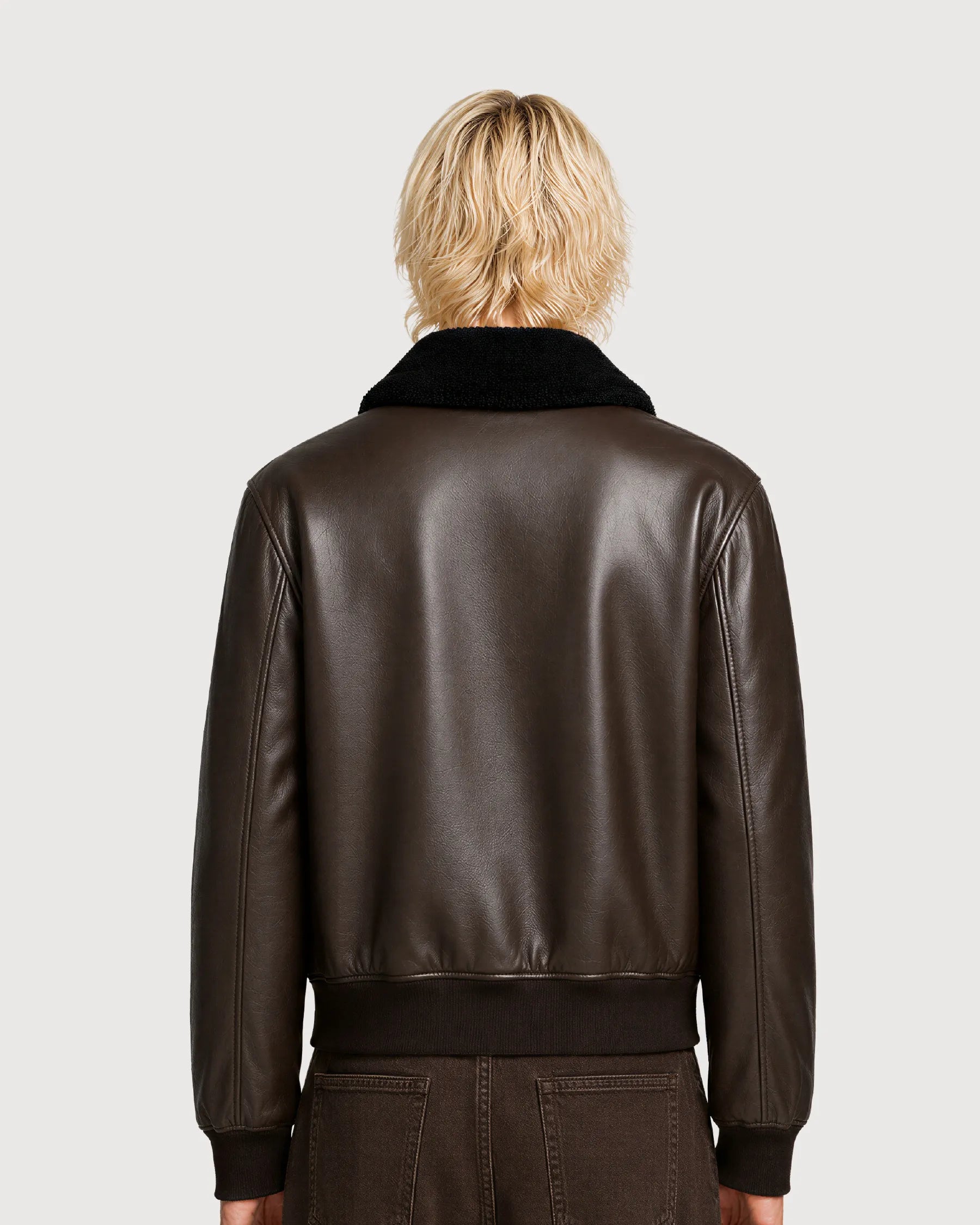 ROOK Dark Brown Cowhide Shearling Bomber Leather Jacket - Back
