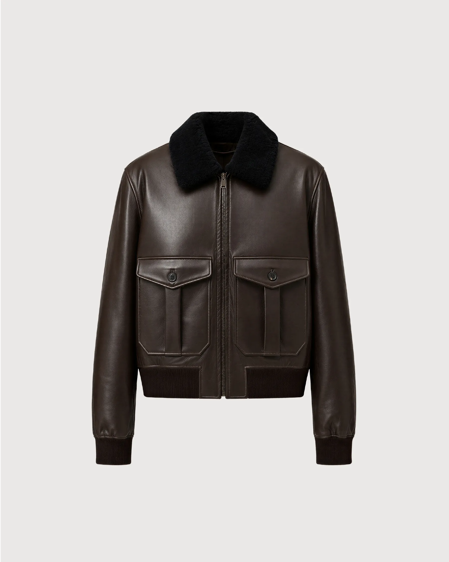 ROOK Dark Brown Cowhide Shearling Bomber Leather Jacket - Front