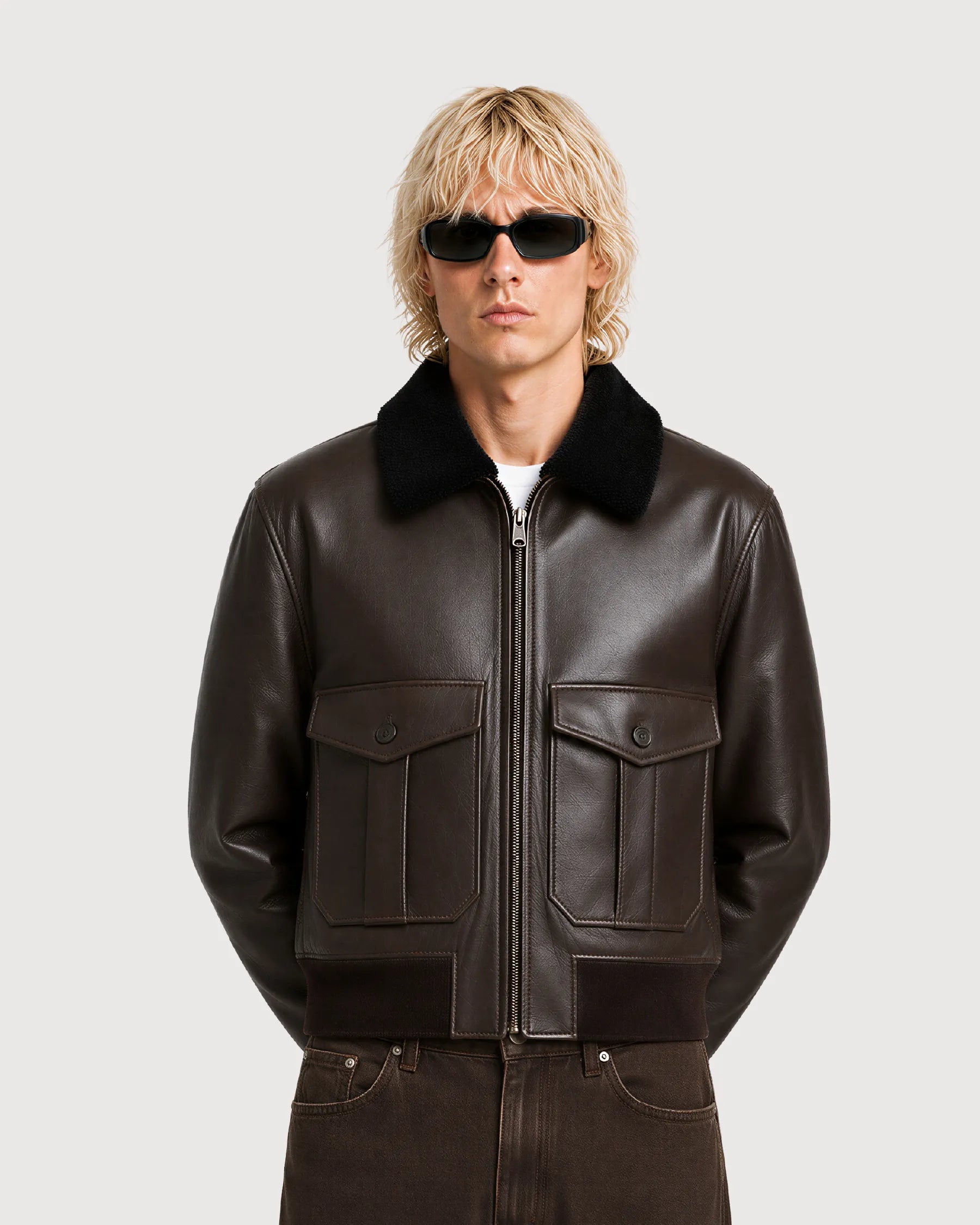 ROOK Dark Brown Cowhide Shearling Bomber Leather Jacket - Fur Collar