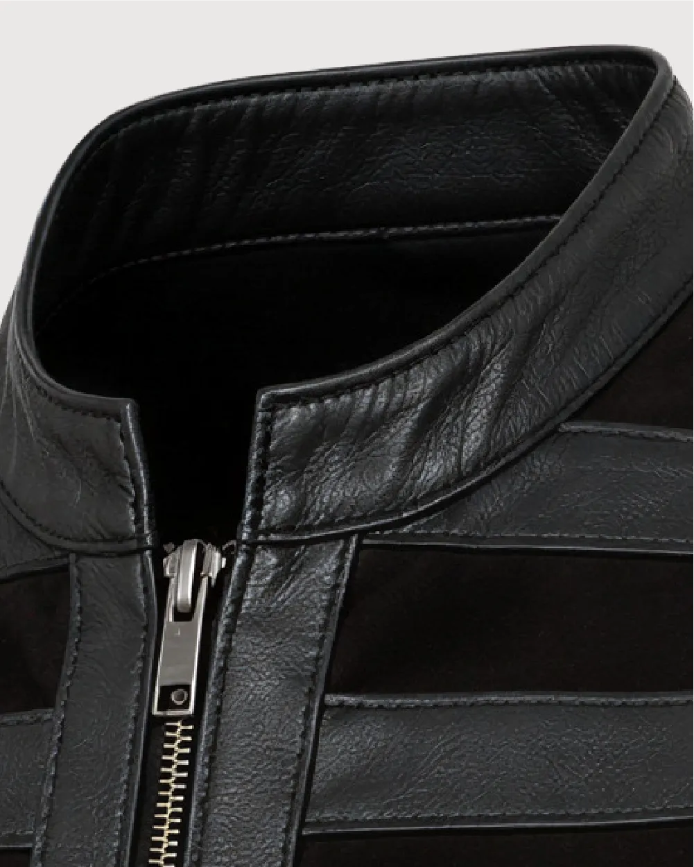 SELENE Black Panelled Racer Leather Jacket- Collar