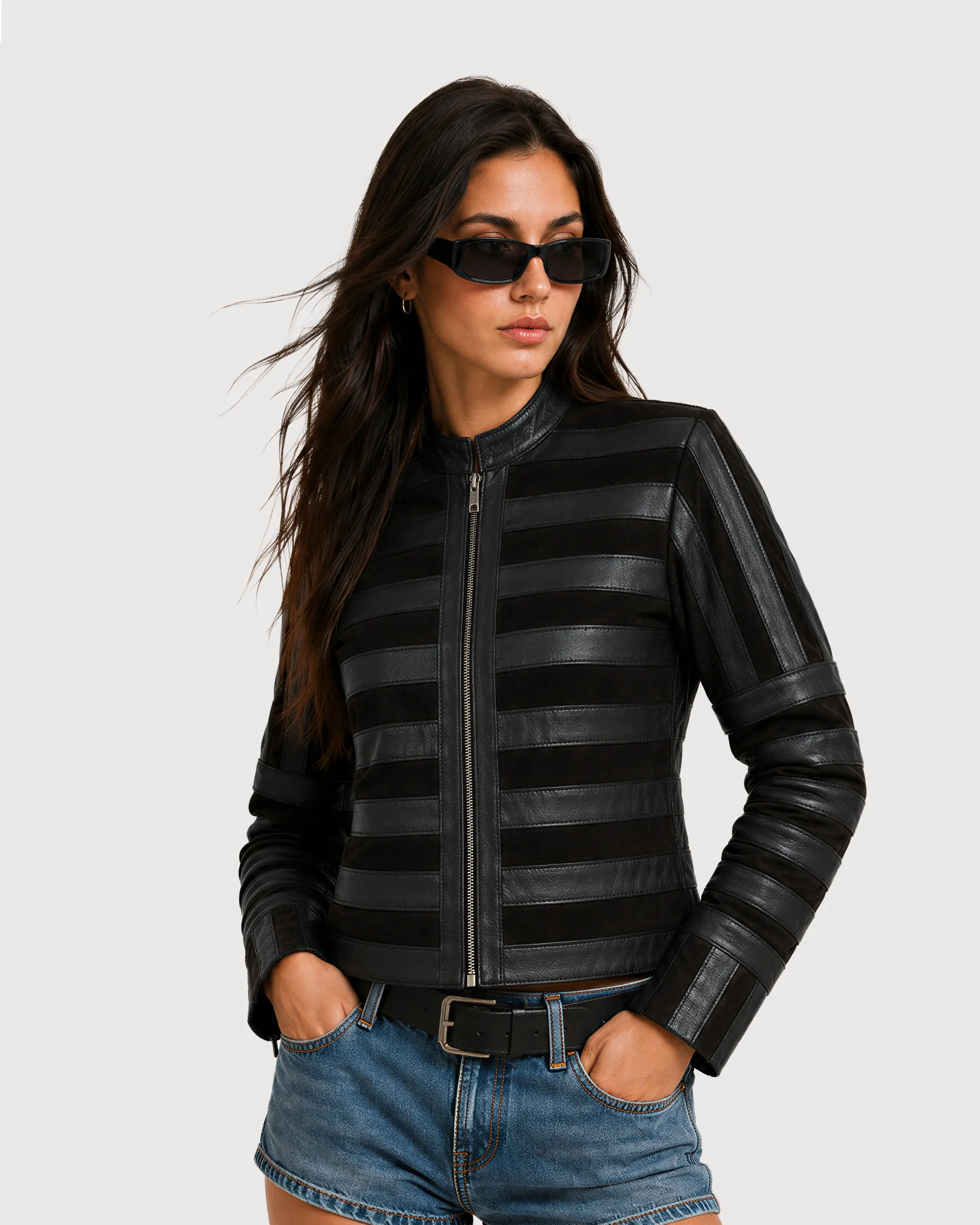 SELENE Black Panelled Racer Leather Jacket - Front Zipper