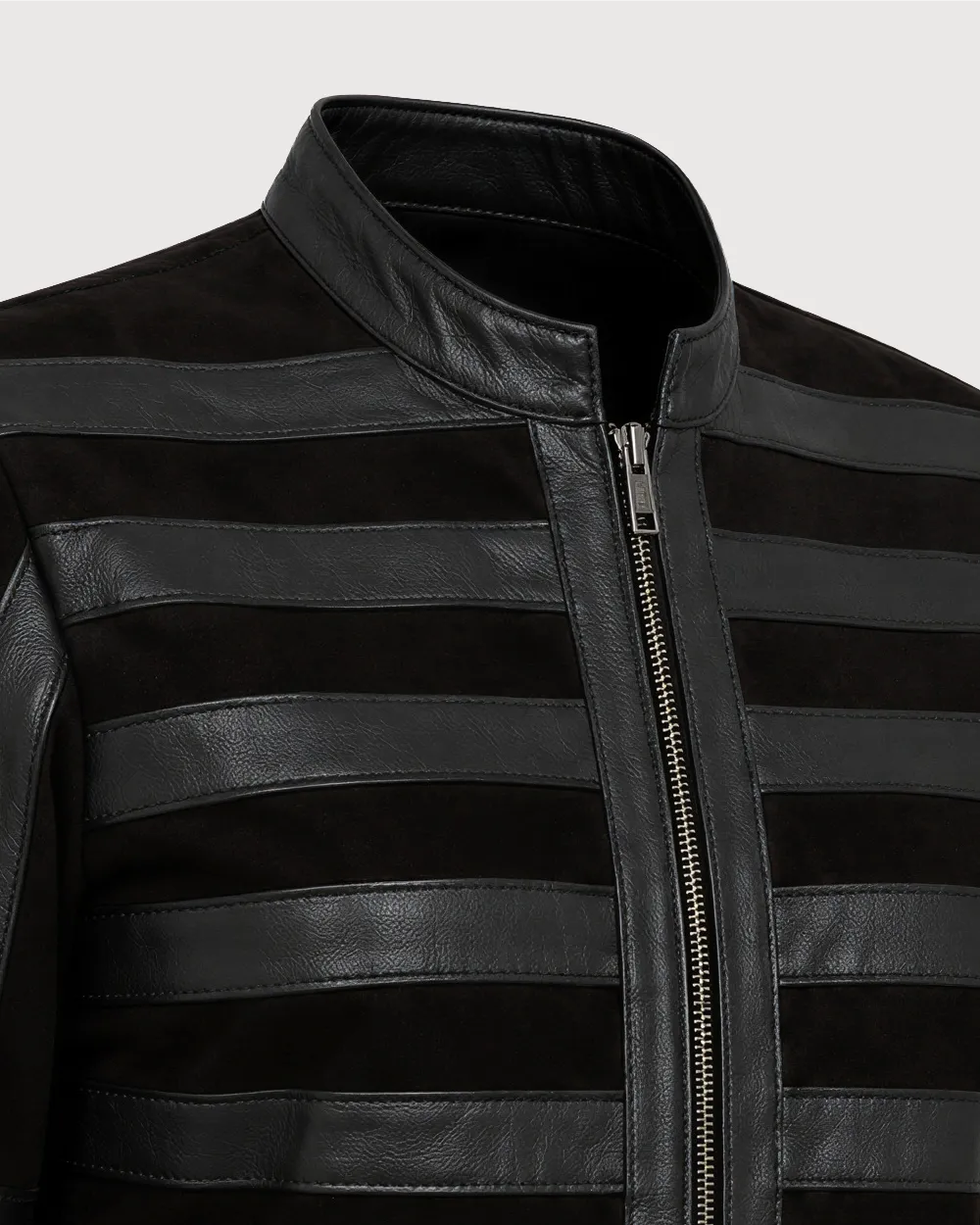 SELENE Black Panelled Racer Leather Jacket - Front Zipper