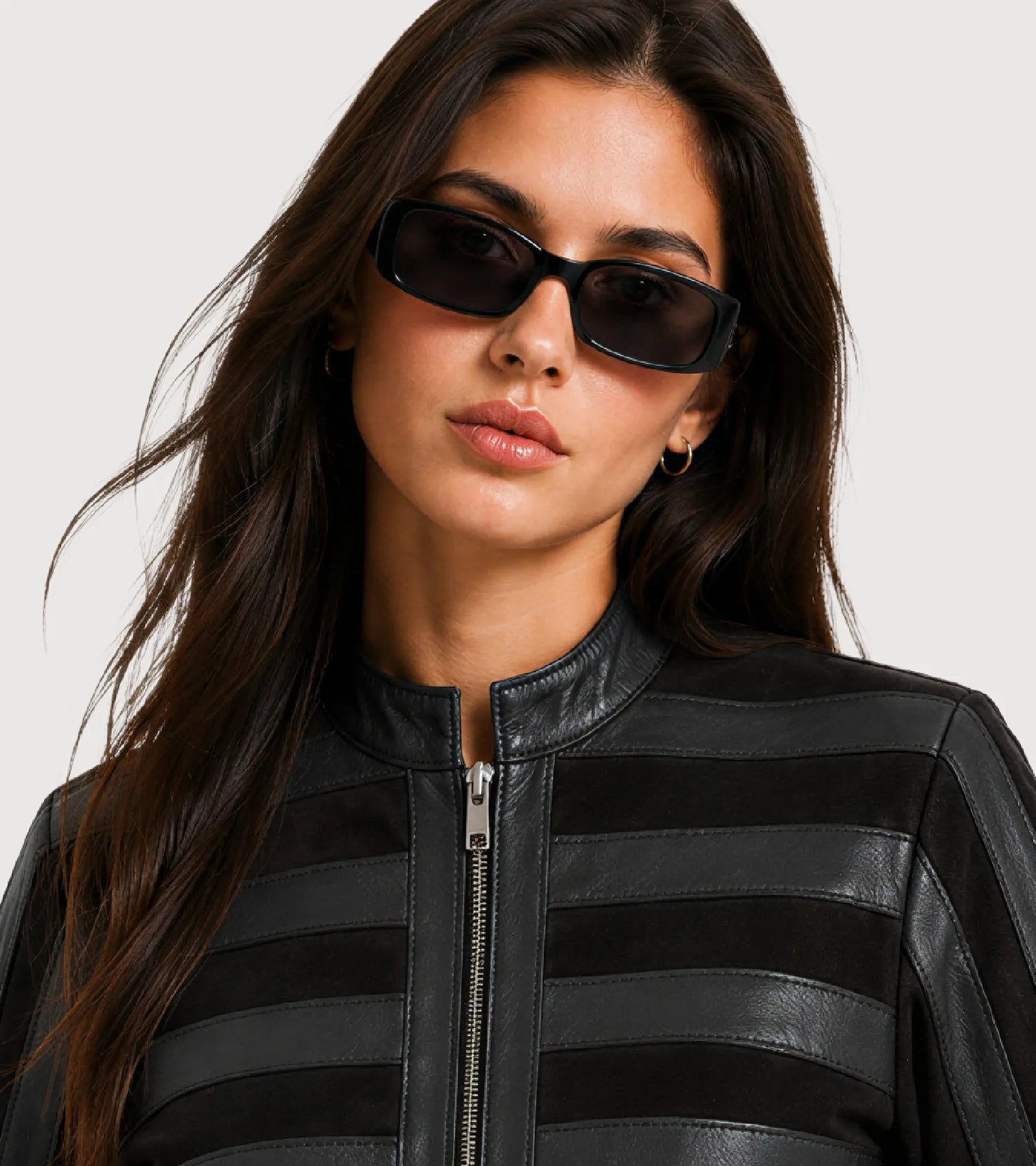 SELENE Black Panelled Racer Leather Jacket - Zoom