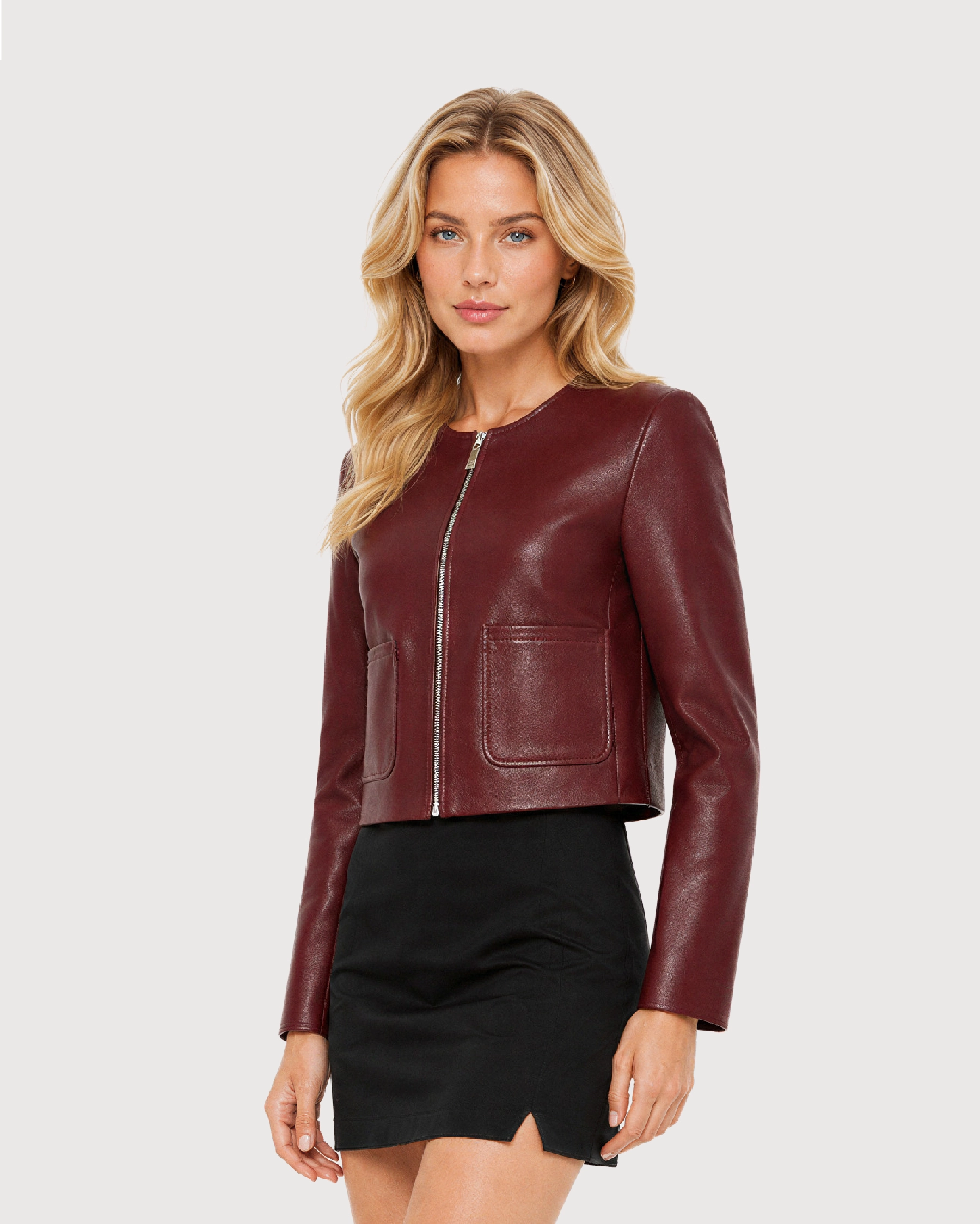 SIENNA Burgundy Cropped Cowhide Leather Jacket - Left
