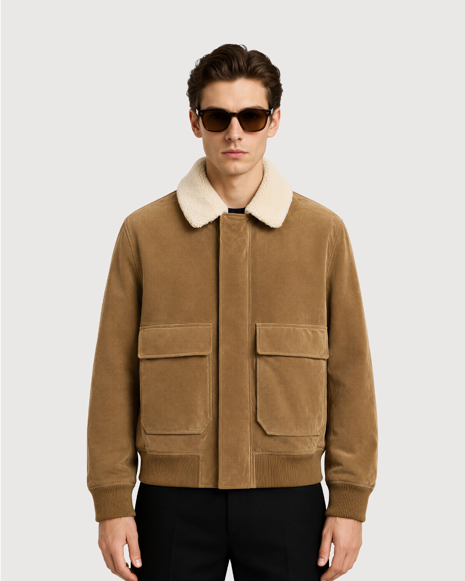 SOREN Tan Shearling Collar Suede Leather Jacket