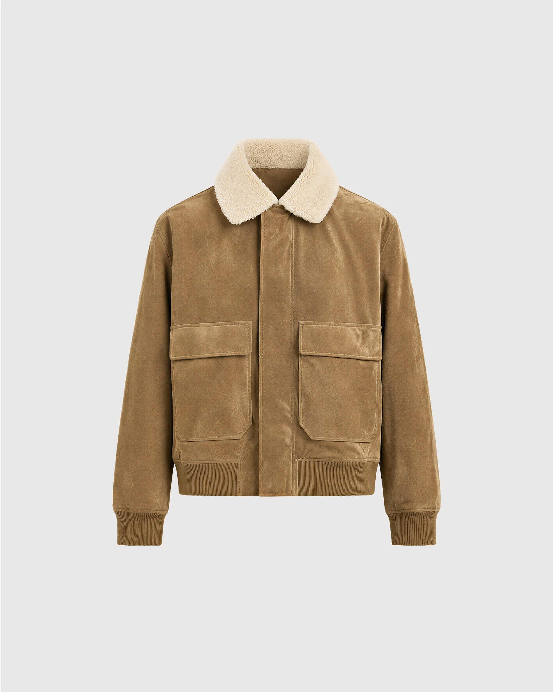 SOREN Tan Shearling Collar Suede Leather Jacket - Front
