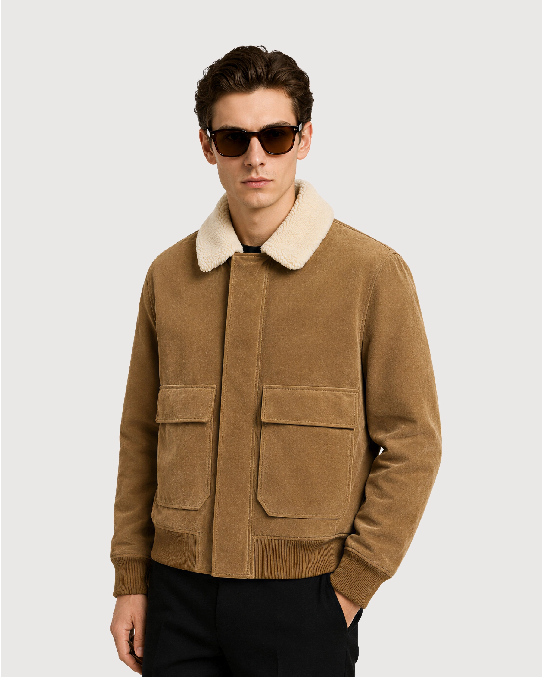 SOREN Tan Shearling Collar Suede Leather Jacket - Side