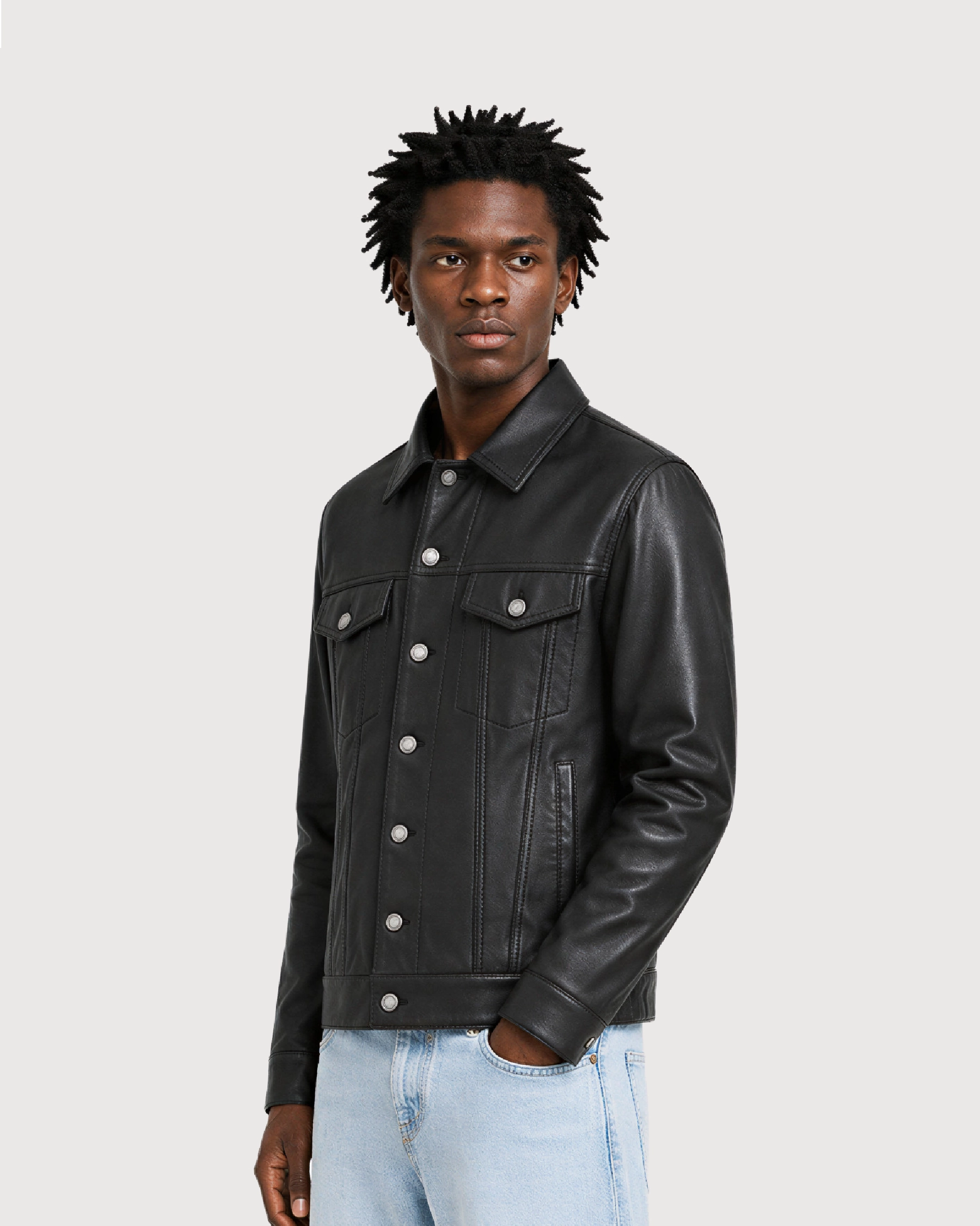 VOSS Black Trucker Leather Jacket - Left
