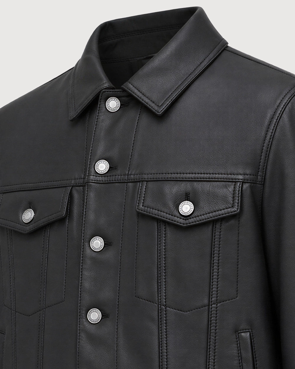 VOSS Black Trucker Leather Jacket - Point Collar