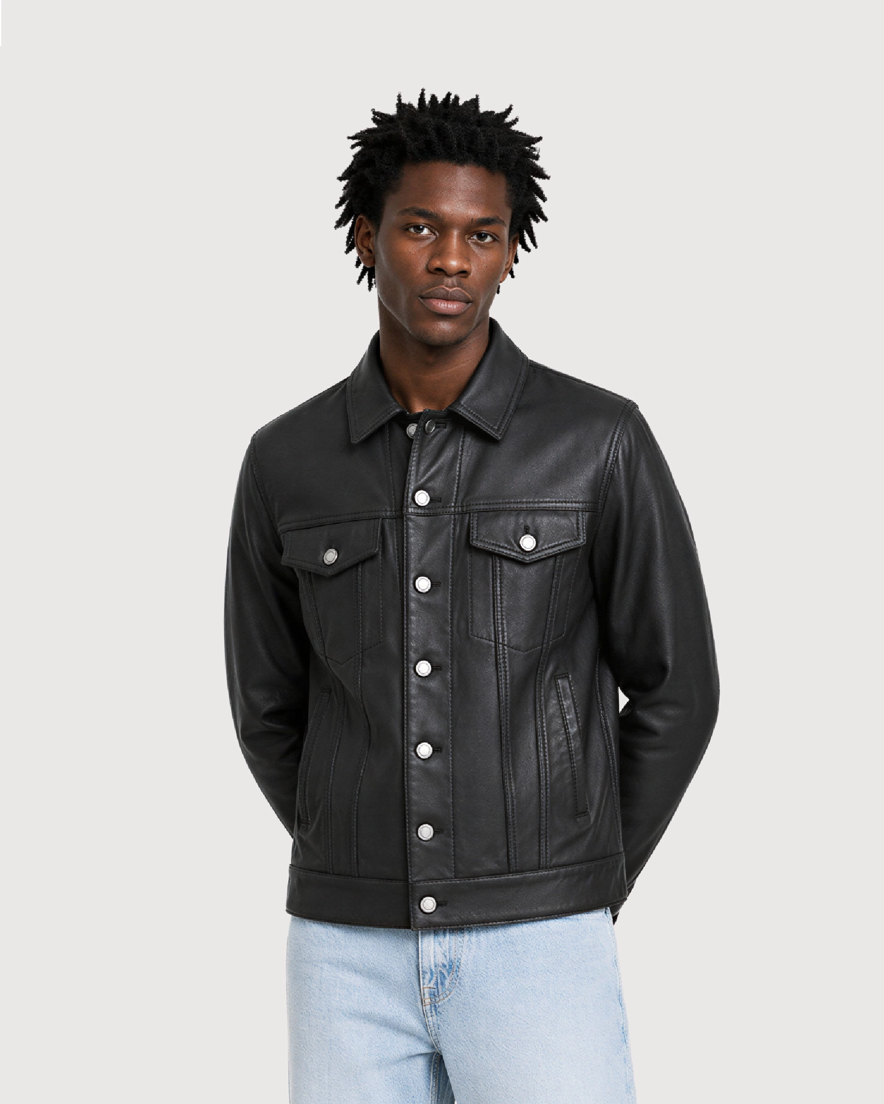VOSS Black Trucker Leather Jacket - Pose