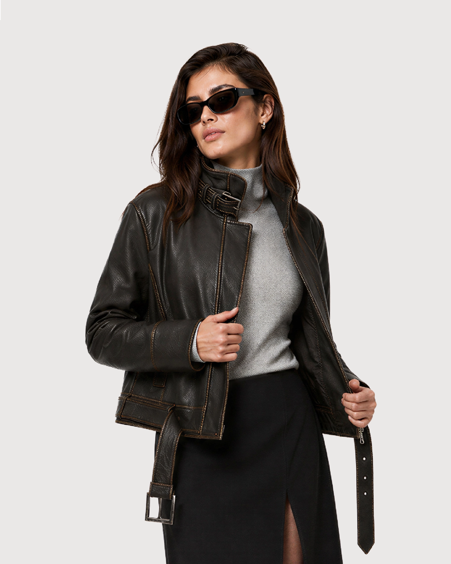 VYRA Distressed Brown Cowhide Leather Jacket - Open Zipper