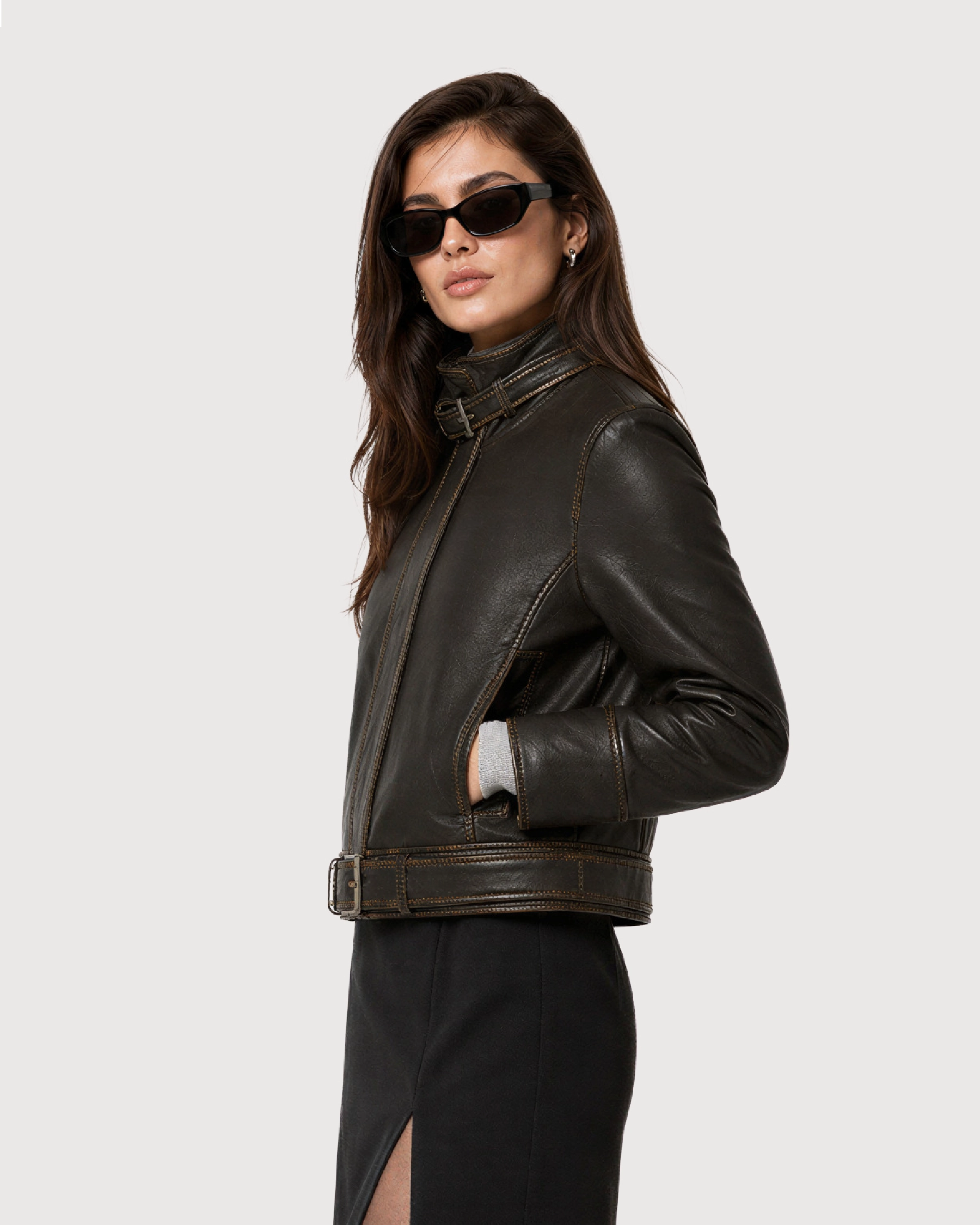 VYRA Distressed Brown Cowhide Leather Jacket - Side Profile